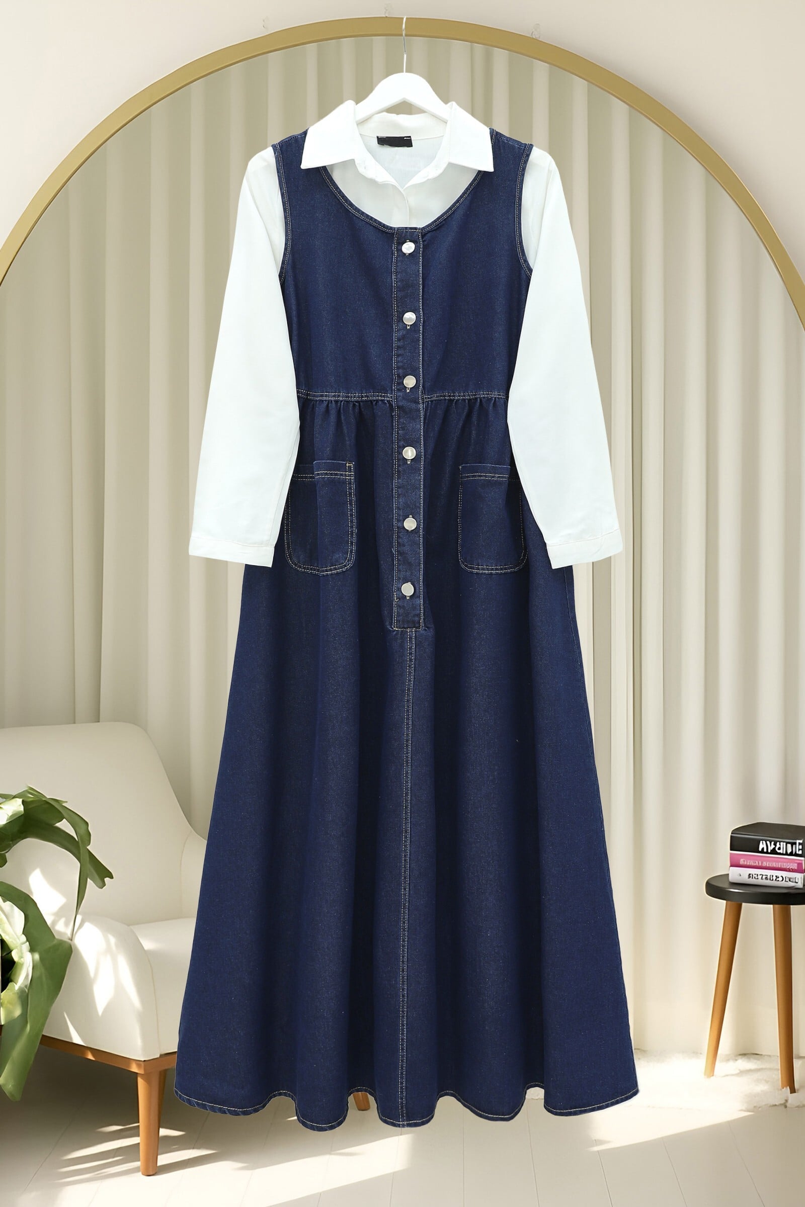 Half Button Double Pocket Sleeveless Denim Jumpsuit - Navy - Podyumplus - by Peralane - photo 4