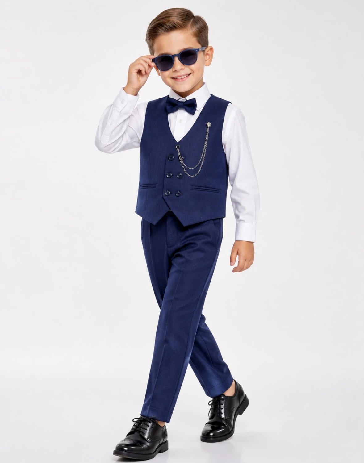 Boys' Navy Blue Knit-Weave Full Suit with 6-Button Vest - 4-Piece Set - Terry - by Peralane