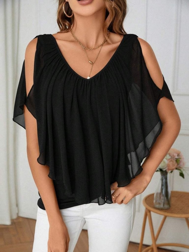 Women's Sheer Short Sleeve V-Neck Cold-Shoulder Ruffled Blouse in Black - Janes - by Peralane - photo 5