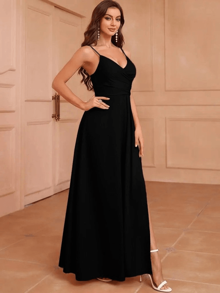Women's Spaghetti Strap V-Neck Crepe Dress with High Slit - Janes - by Peralane - photo 3