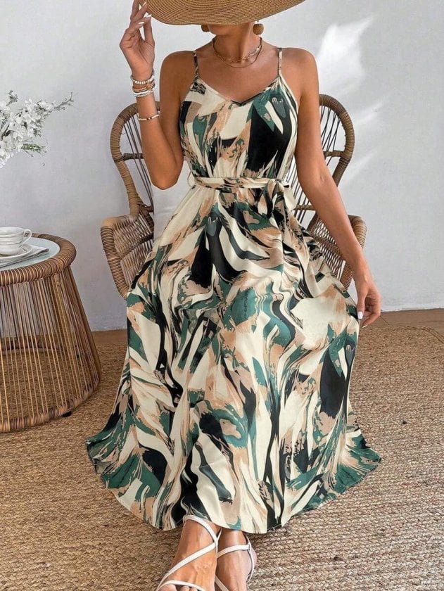 Women's V-Neck Spaghetti Strap Belted Long Dress with Abstract Print - Janes - by Peralane - photo 5