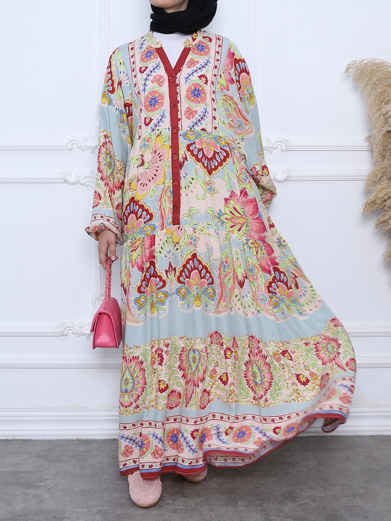 Pink Paisley Floral Print Long-Sleeved V-Neck Button-Up Dress - Podyumplus - by Peralane