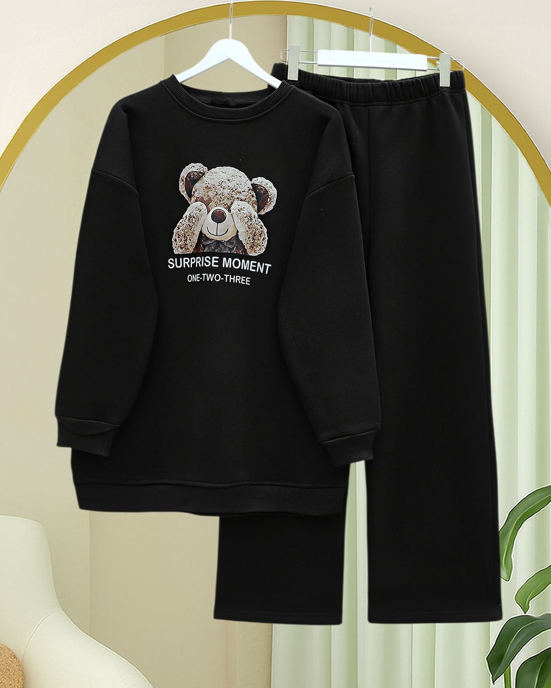 Teddy Bear Print Brushed 3-Thread Sweatshirt and Trousers Set - Black - Podyumplus - by Peralane - photo 3