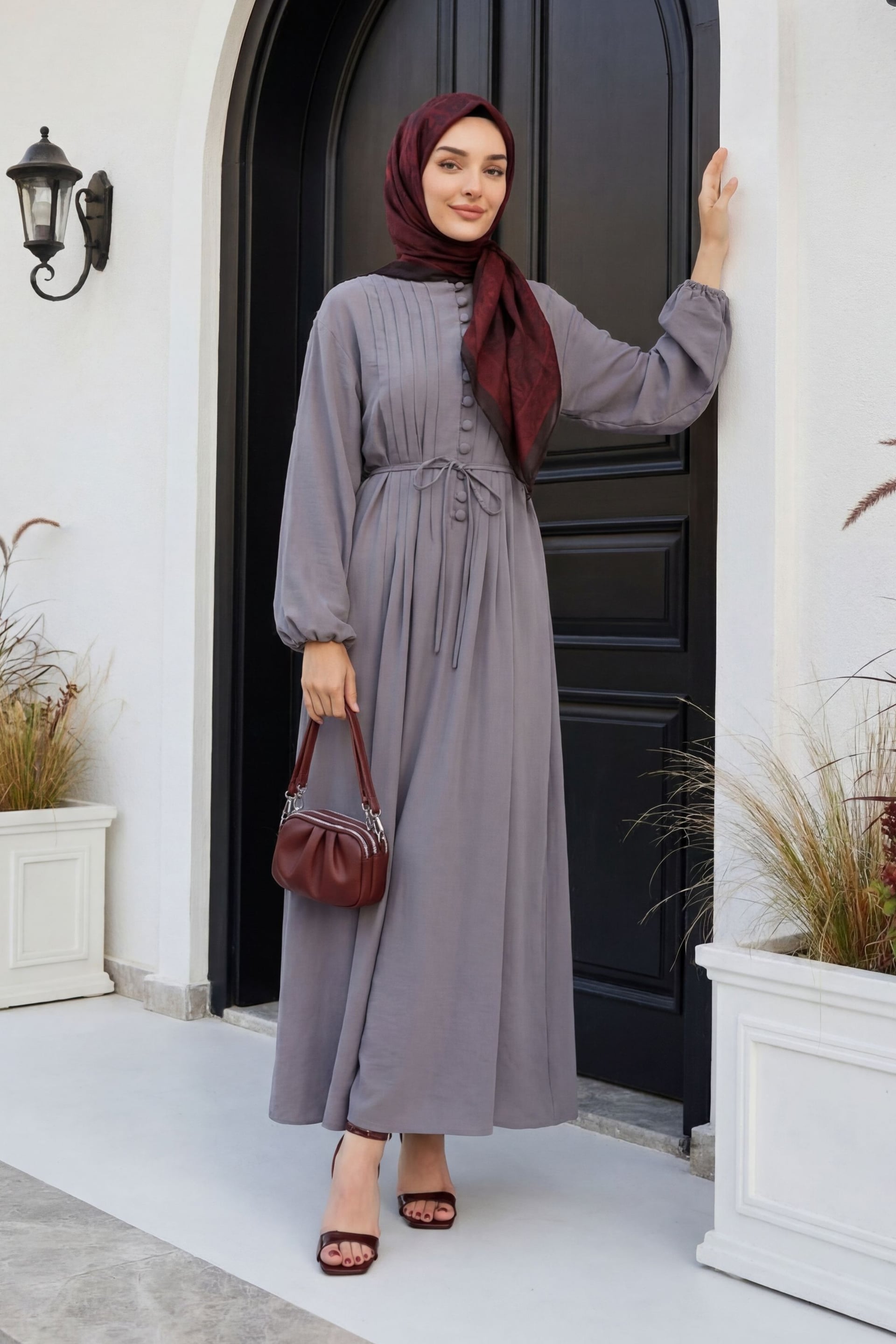 Women's Grey Long-Sleeve Button-Front Ribbed Modal Dress with Belt - Podyumplus - by Peralane - photo 2