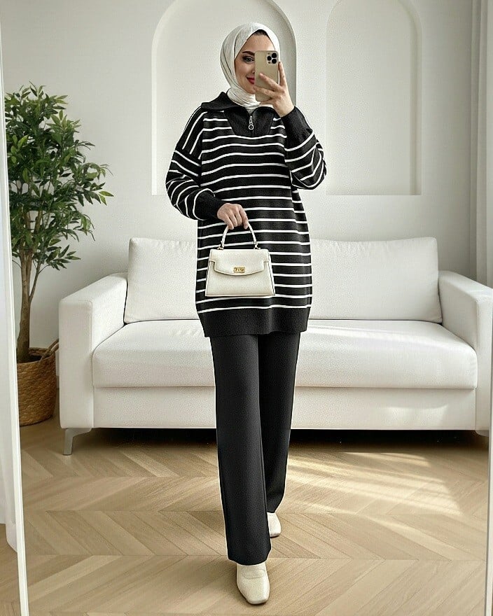 Striped Knit Tunic and Trouser Set with Mock Neck and Zip - Black - Podyumplus - by Peralane - photo 2