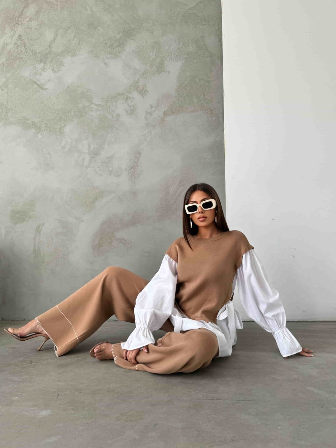 Brown Knitted Vest Overlay Two-Piece Set with White Blouse and Trousers - My Bee - by Peralane - photo 2