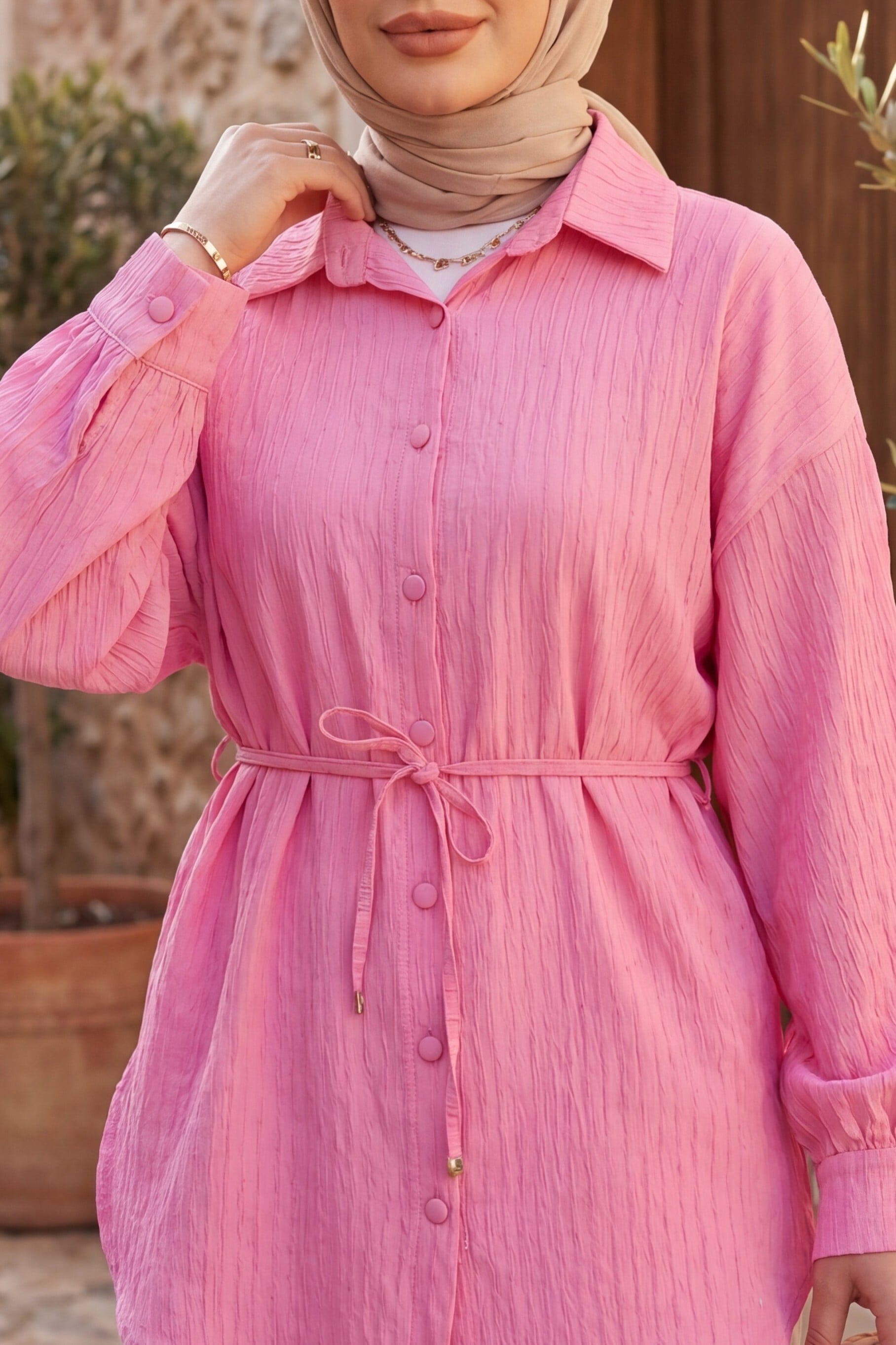Belted Button-Down Tunic with Seam and Sequin Details - Pink - Podyumplus - by Peralane - photo 5