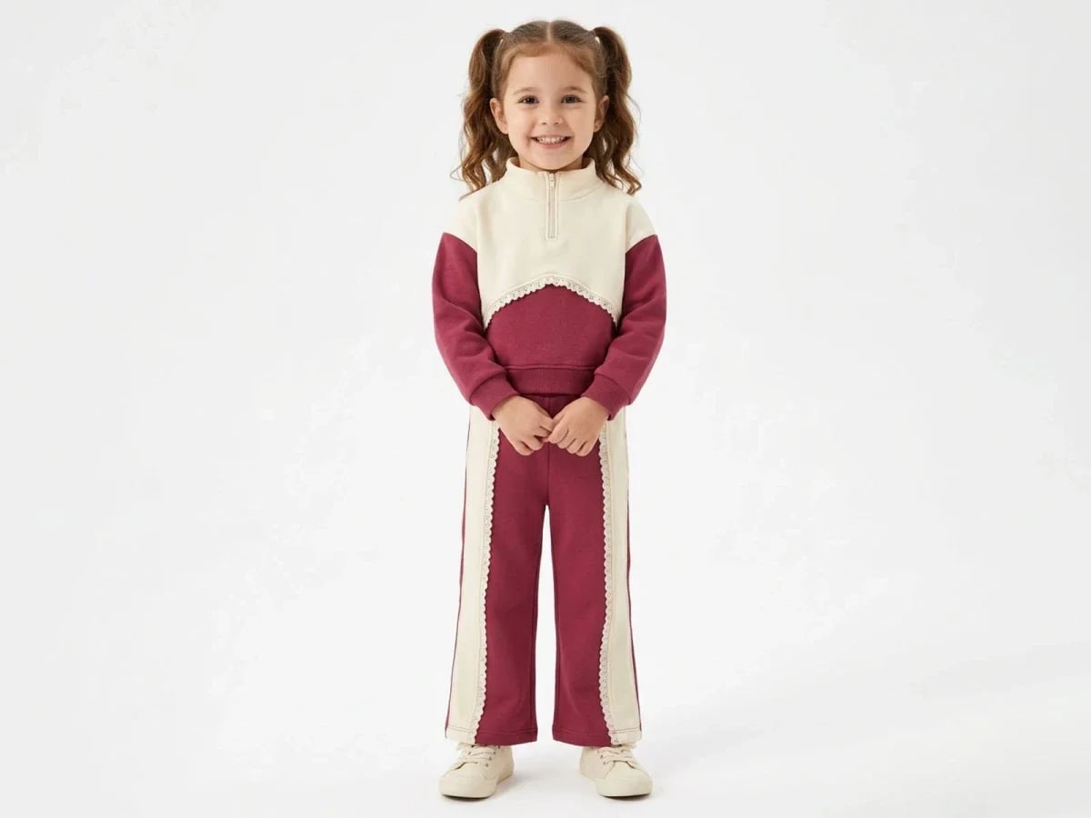Girls' Zip-Up Brushed Cotton Sweatshirt and Trousers Set in Plum - Vovido - by Peralane