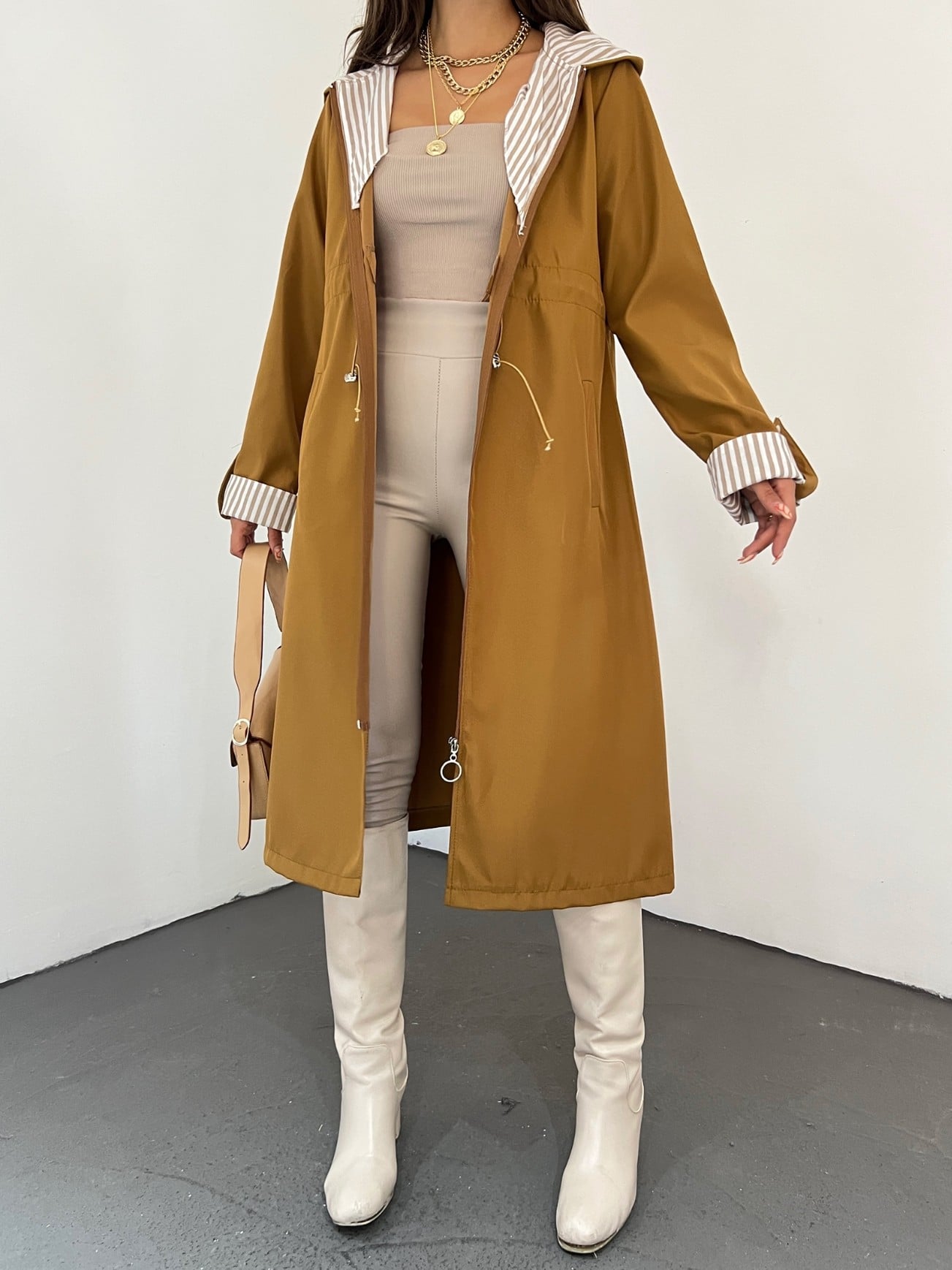 Tunnel Lace-Up Hooded Trench Coat - Tan - Podyumplus - by Peralane - photo 2