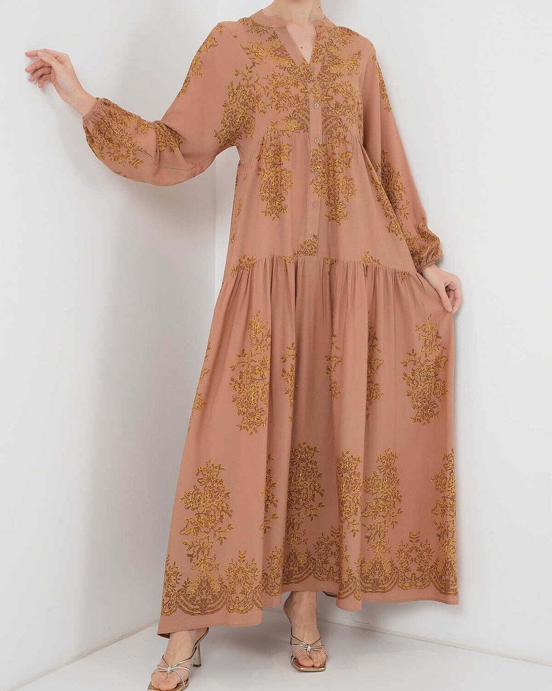 Dusty Rose Gold Floral Printed Modest Dress - Bigdart - by Peralane - photo 3