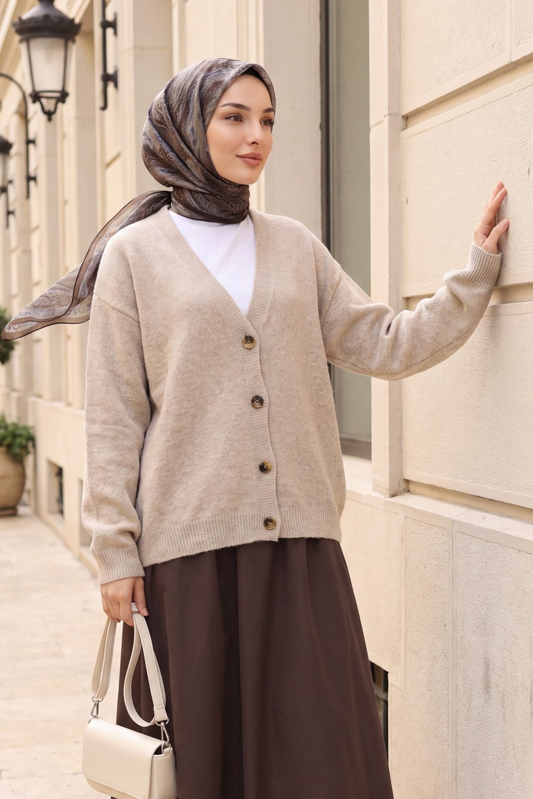 V-Neck Button Front Soft Knit Cardigan - Light Beige - Podyumplus - by Peralane