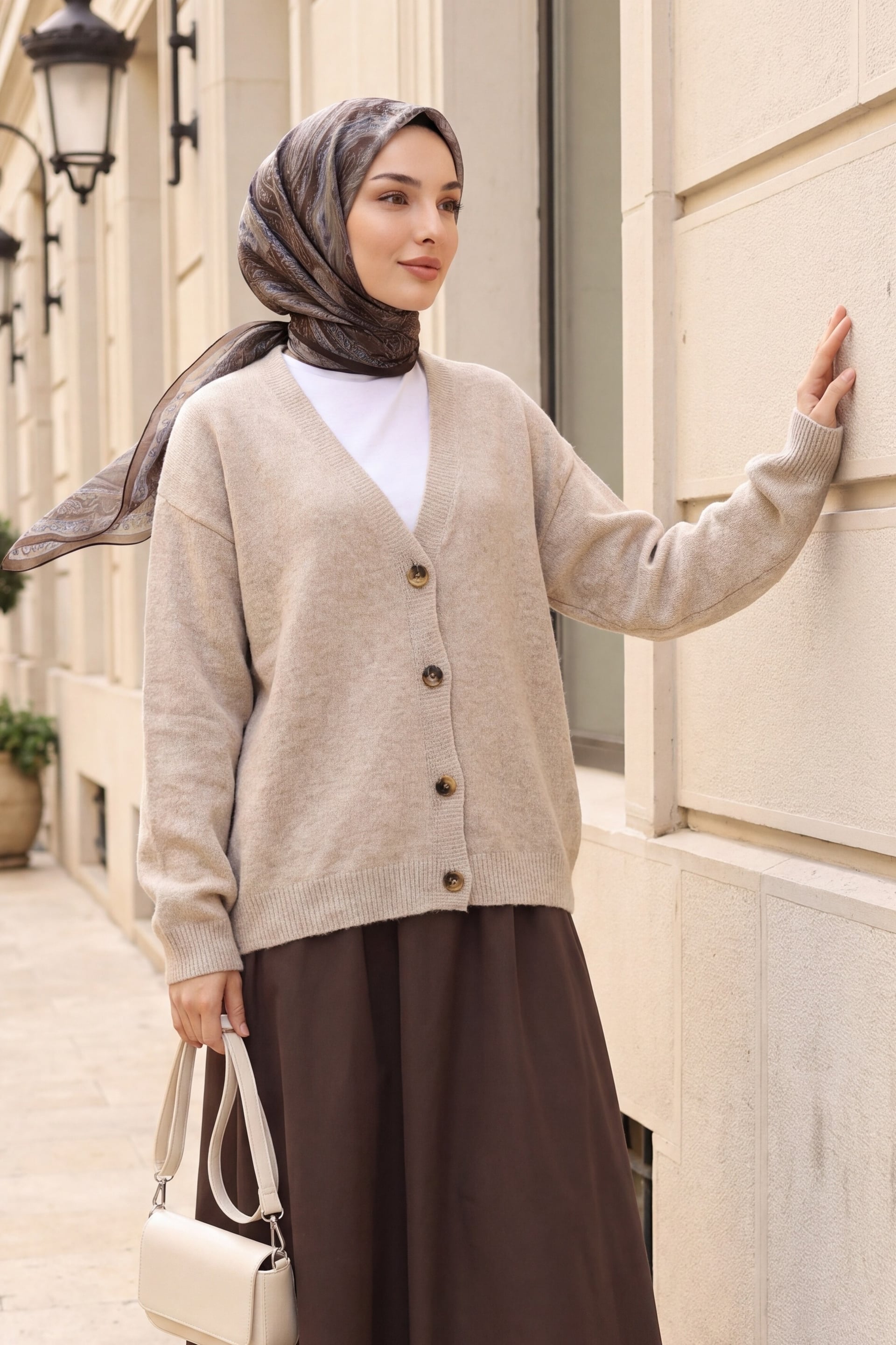 V-Neck Button Front Soft Knit Cardigan - Light Beige - Podyumplus - by Peralane