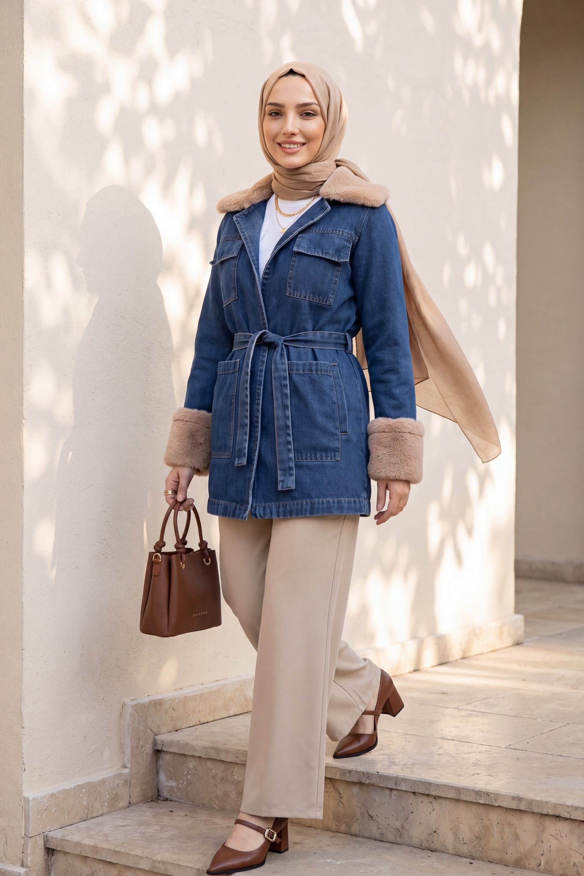Women's Indigo Denim Jacket with Faux Fur Collar and Tie Belt - Podyumplus - by Peralane - photo 4