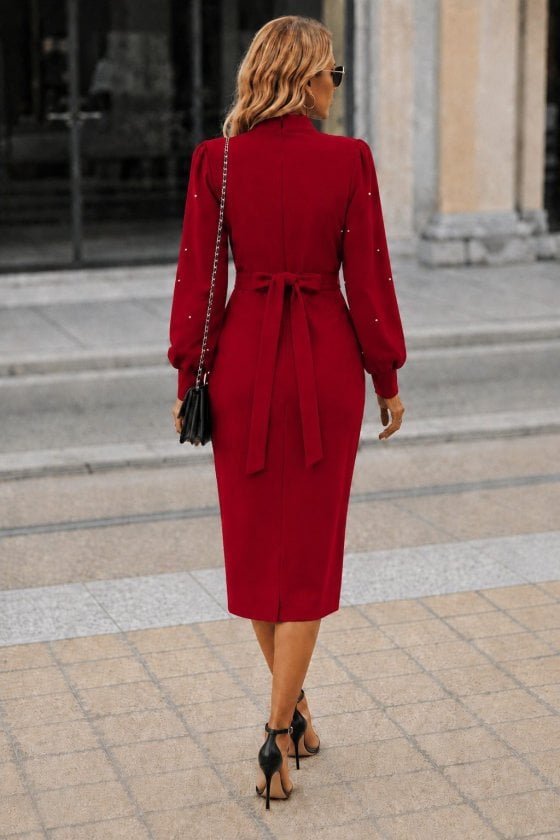 Women's Long Sleeve Bow Neckline Side Slit Pearl Embellished Midi Crepe Dress in Red - Janes - by Peralane - photo 2