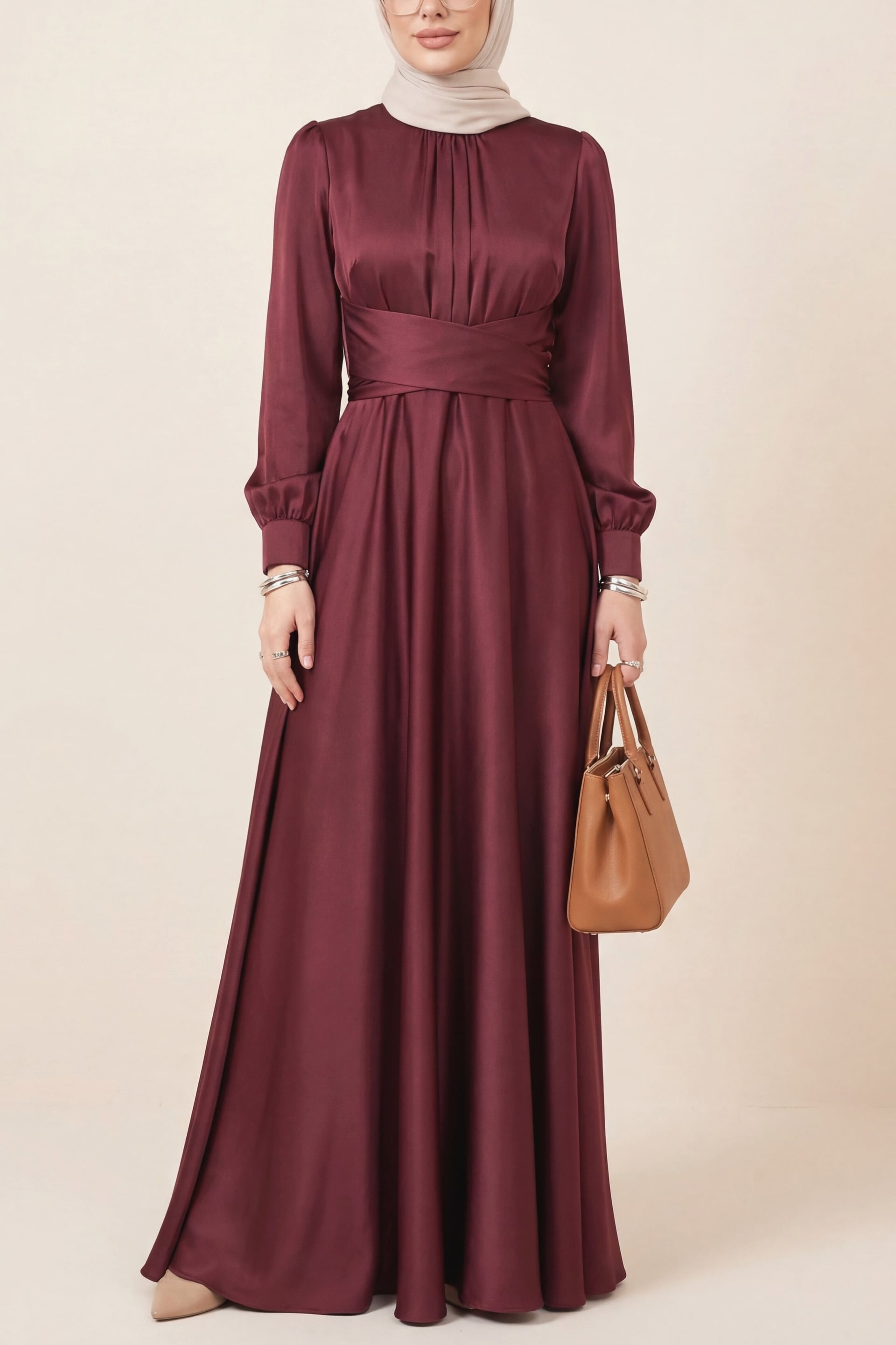 Burgundy Satin Dress with Cross Tie Waist and Round Neck - Podyumplus - by Peralane - photo 2