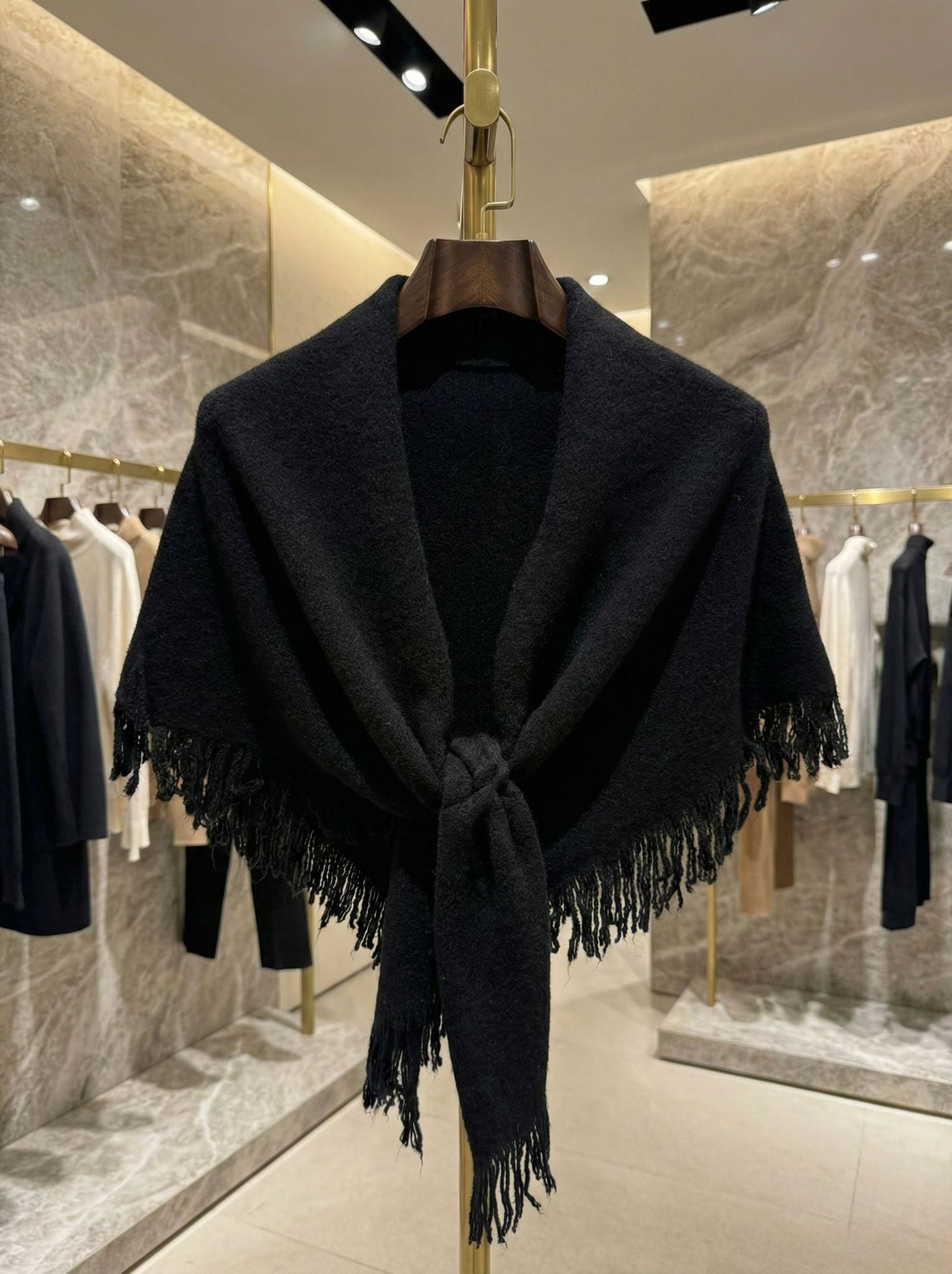Black Fringed Knit Triangle Shoulder Scarf - Nesvay - by Peralane