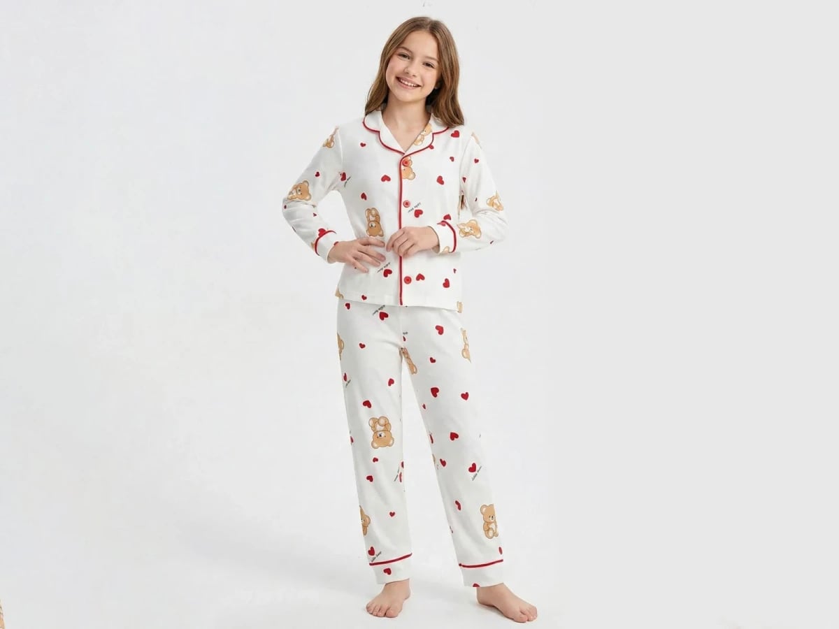 Girl's Teddy Bear Heart Print Pajama Set - White - Dolas - by Peralane