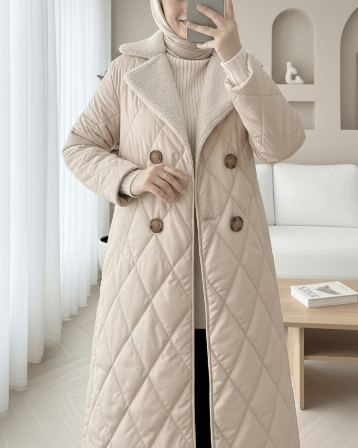 Quilted Coat with Fur Collar, Belted Waist, and Double-Breasted Buttons - Stone - Podyumplus - by Peralane - photo 4