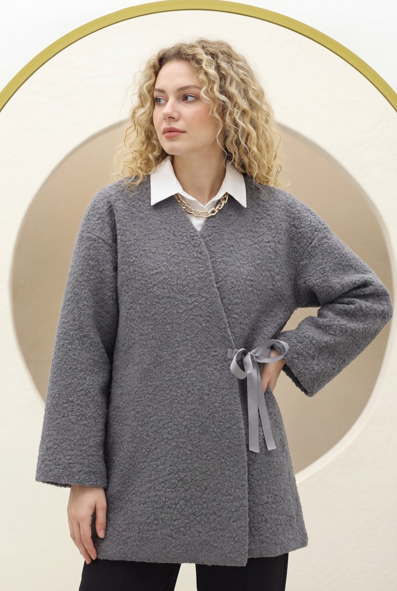 Side-Tie Boucle Kimono in Dark Grey - Podyumplus - by Peralane - photo 8