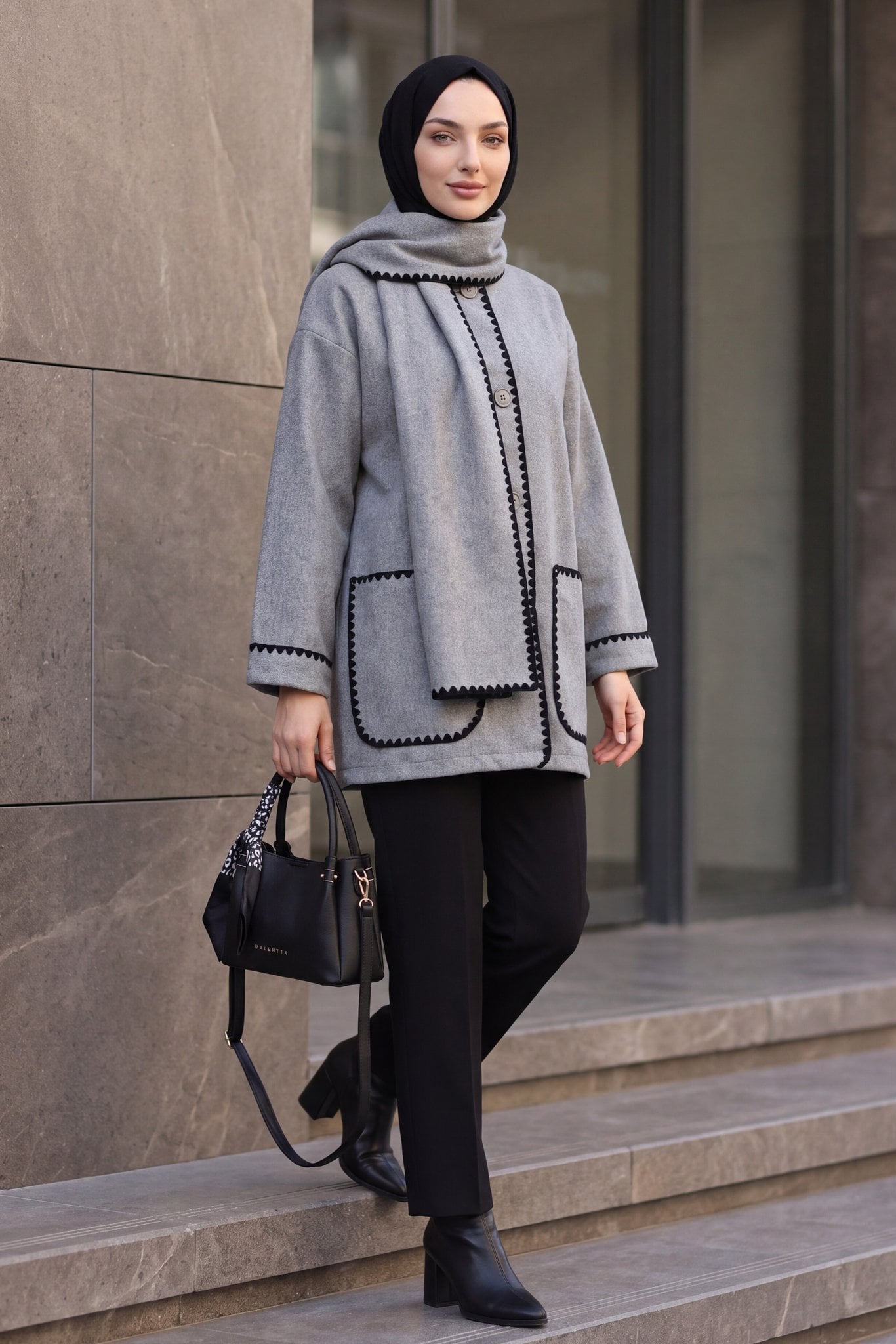 Button-Front Scarf-Collar Pocket Jacket - Smoke - Podyumplus - by Peralane - photo 2