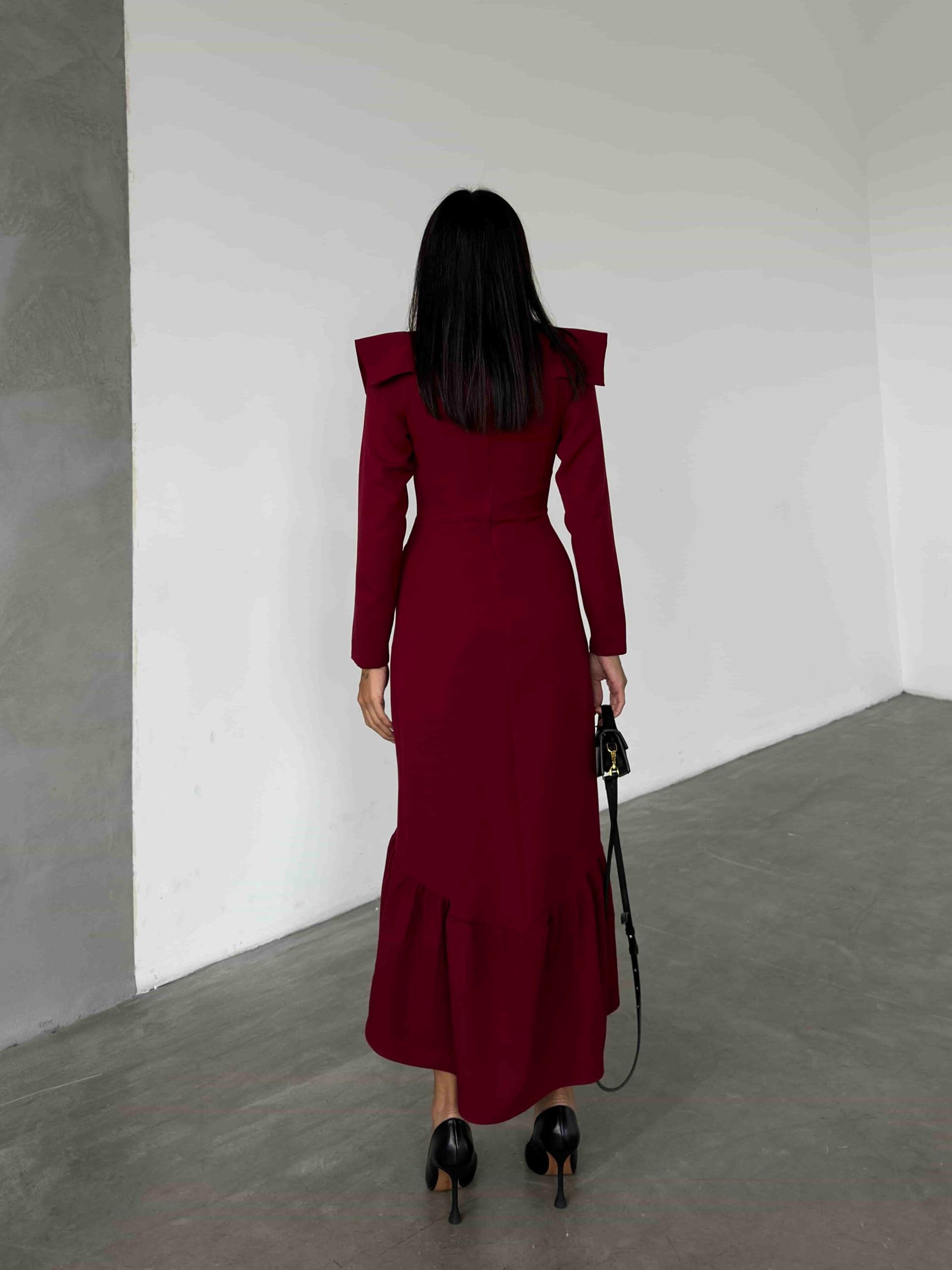 Maroon Long-Sleeve Knit Dress with Ruffled Hem - My Bee - by Peralane - photo 3