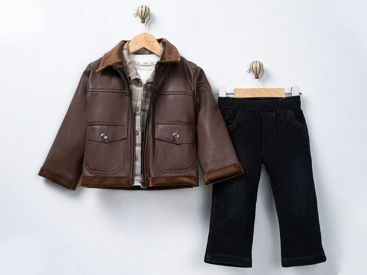 Boys' Leather-Look Jacket, Plaid Shirt and Trousers Set (9-24 Months) - Canoz - by Peralane