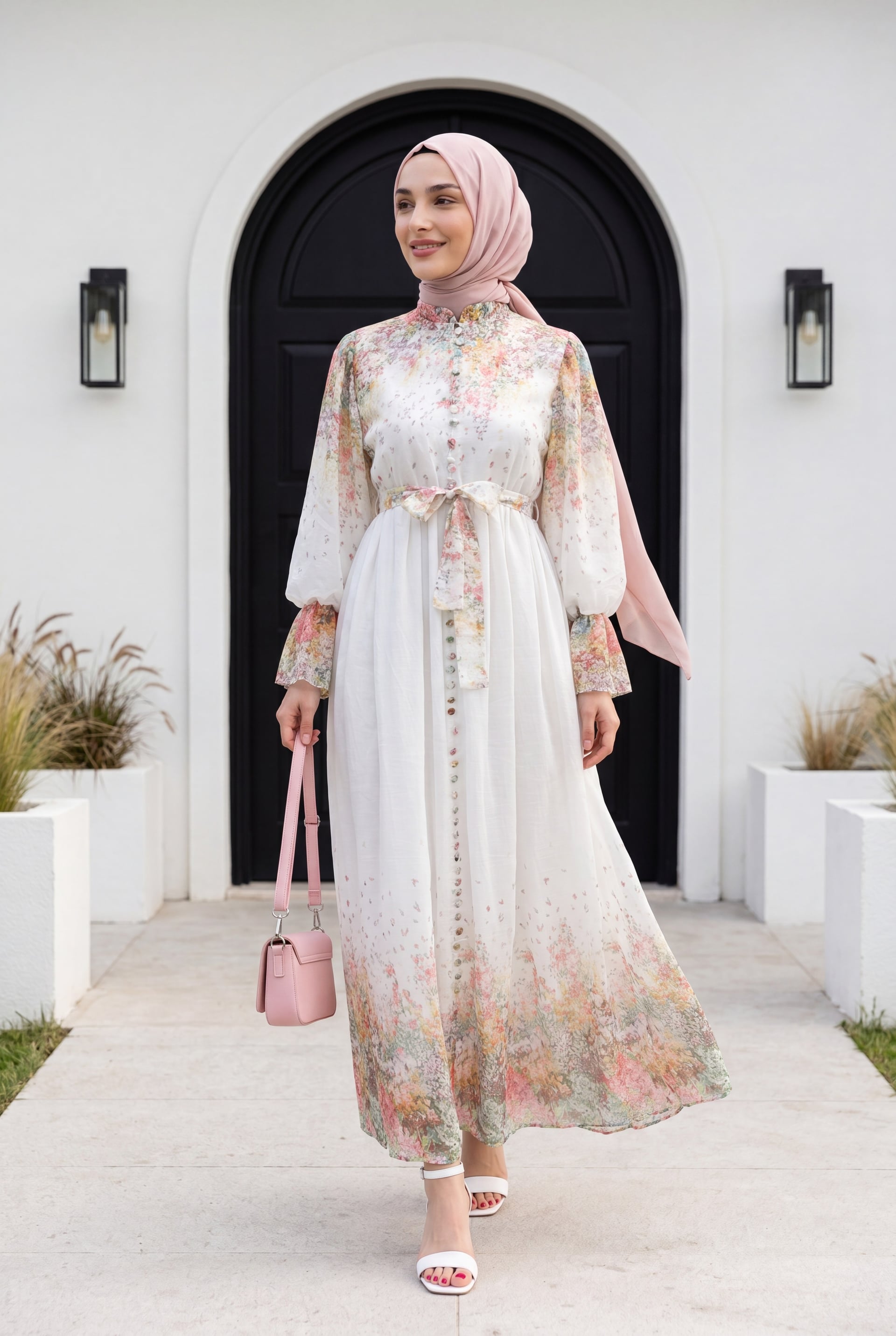 Button Detail Floral Belted Policoton Dress - Ecru - Podyumplus - by Peralane - photo 5