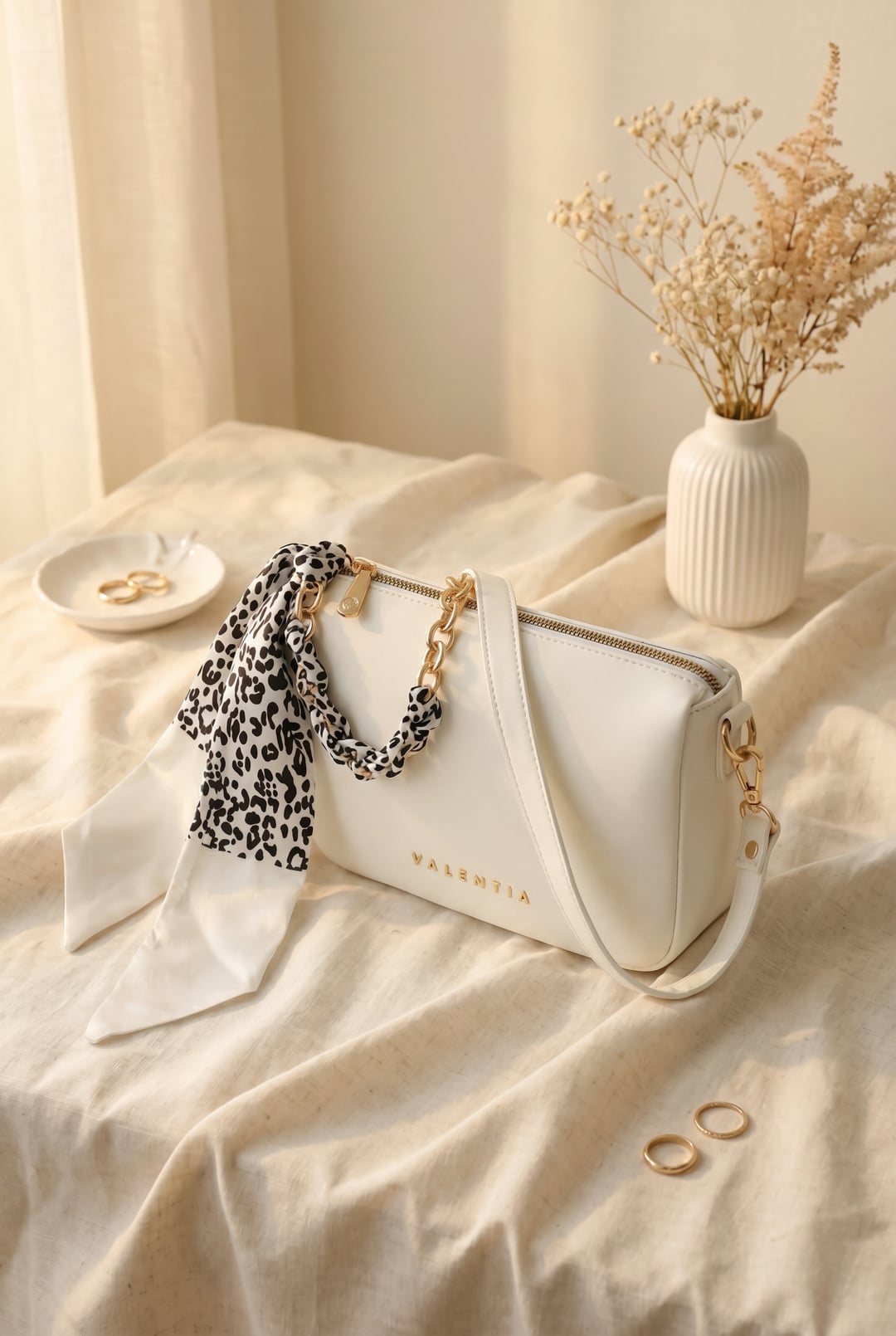 White Zippered Long-Strap Bag with Leopard Scarf - Podyumplus - by Peralane