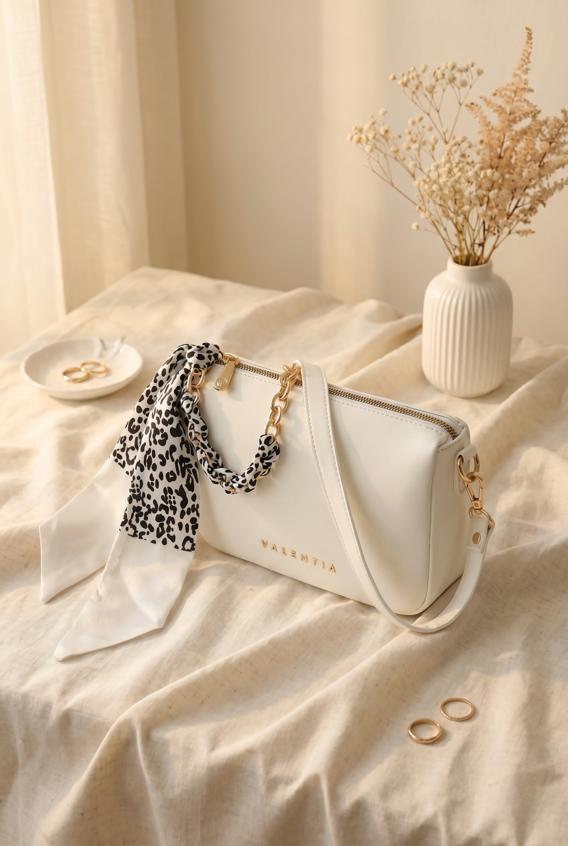 White Zippered Long-Strap Bag with Leopard Scarf - Podyumplus - by Peralane