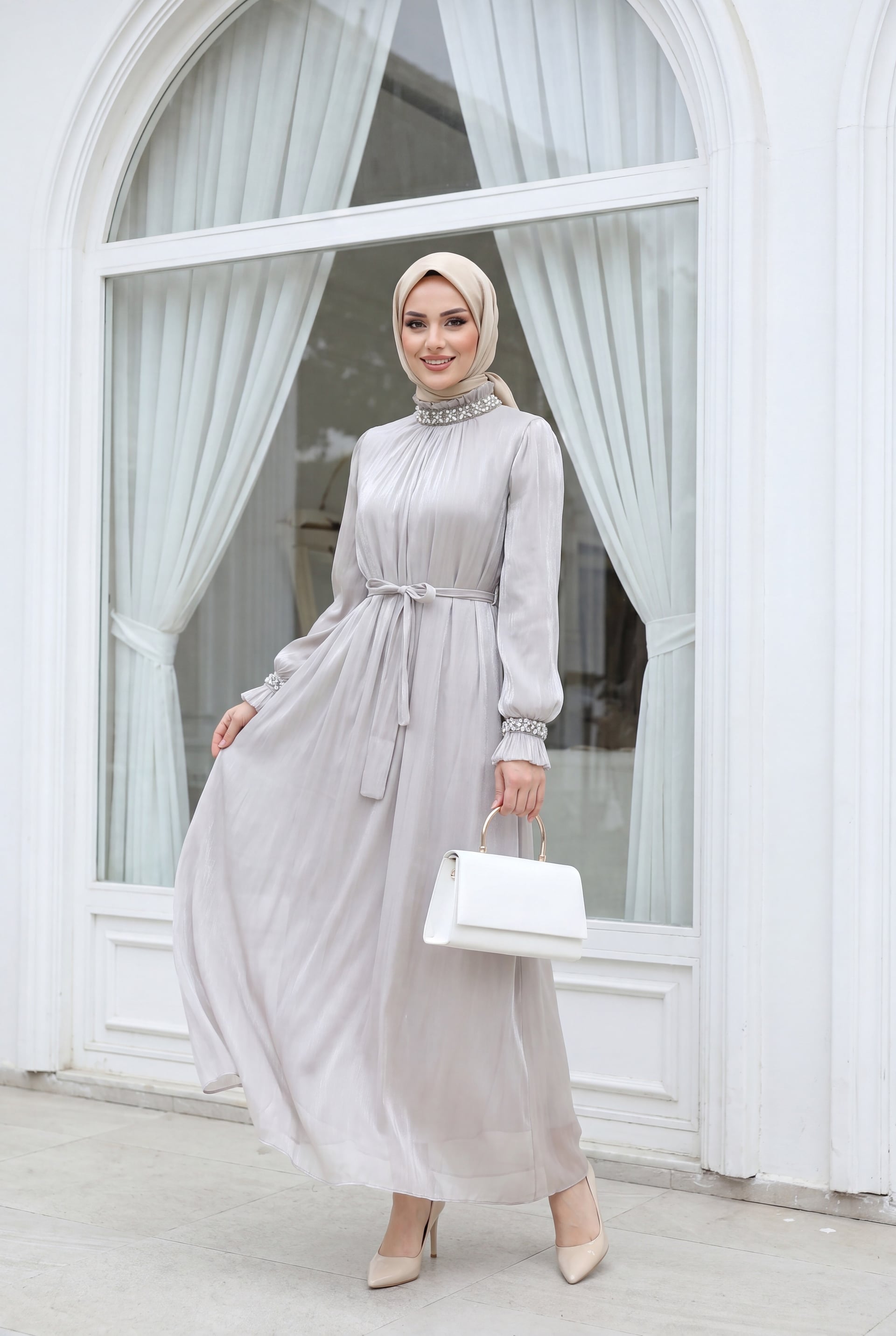 Stone-Colored Rhinestone Trimmed Long Sleeve Balloon Sleeve Belted Shimmer Chiffon Formal Dress - Podyumplus - by Peralane - photo 4
