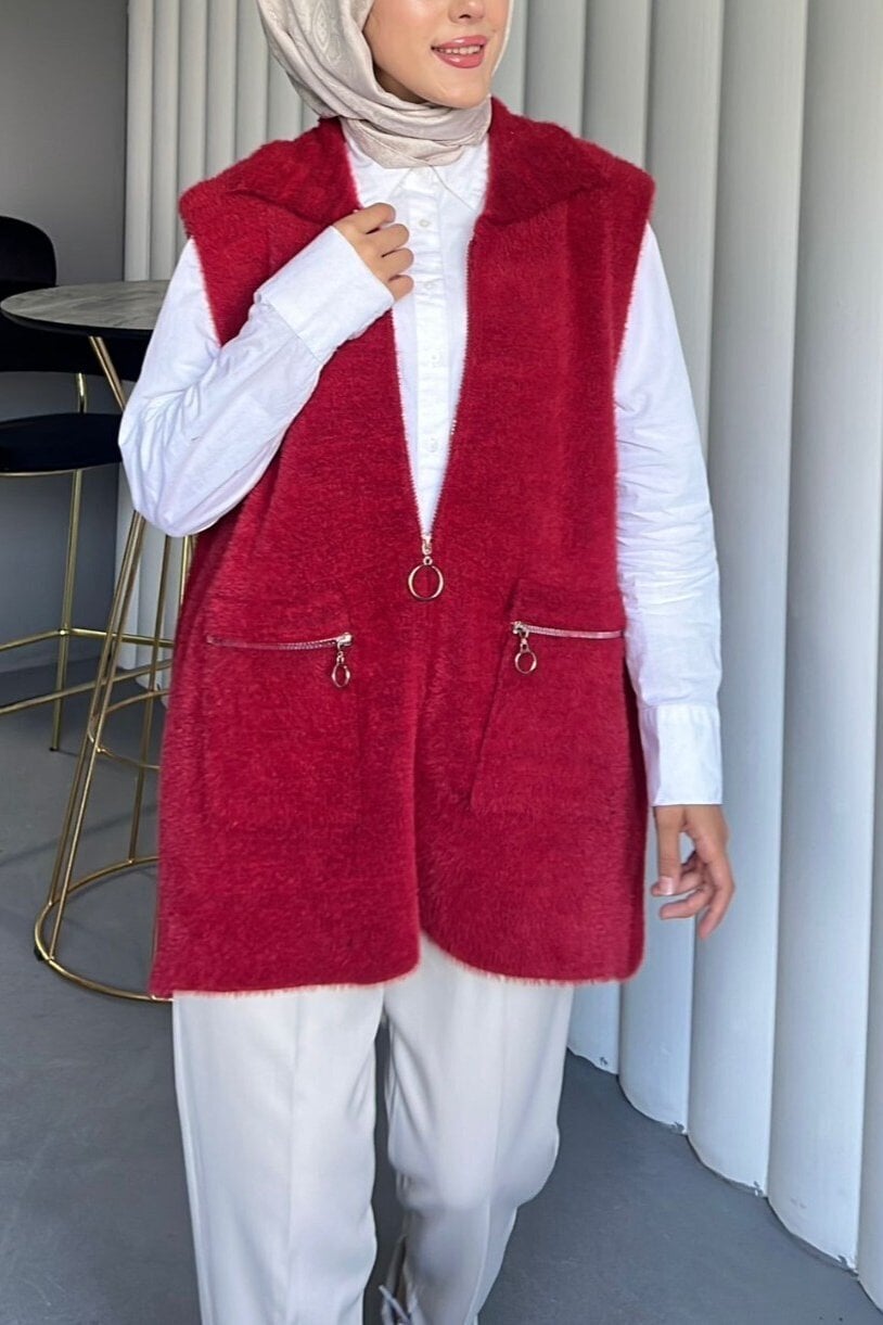 Front Zip Pocket Vest - Red - Podyumplus - by Peralane