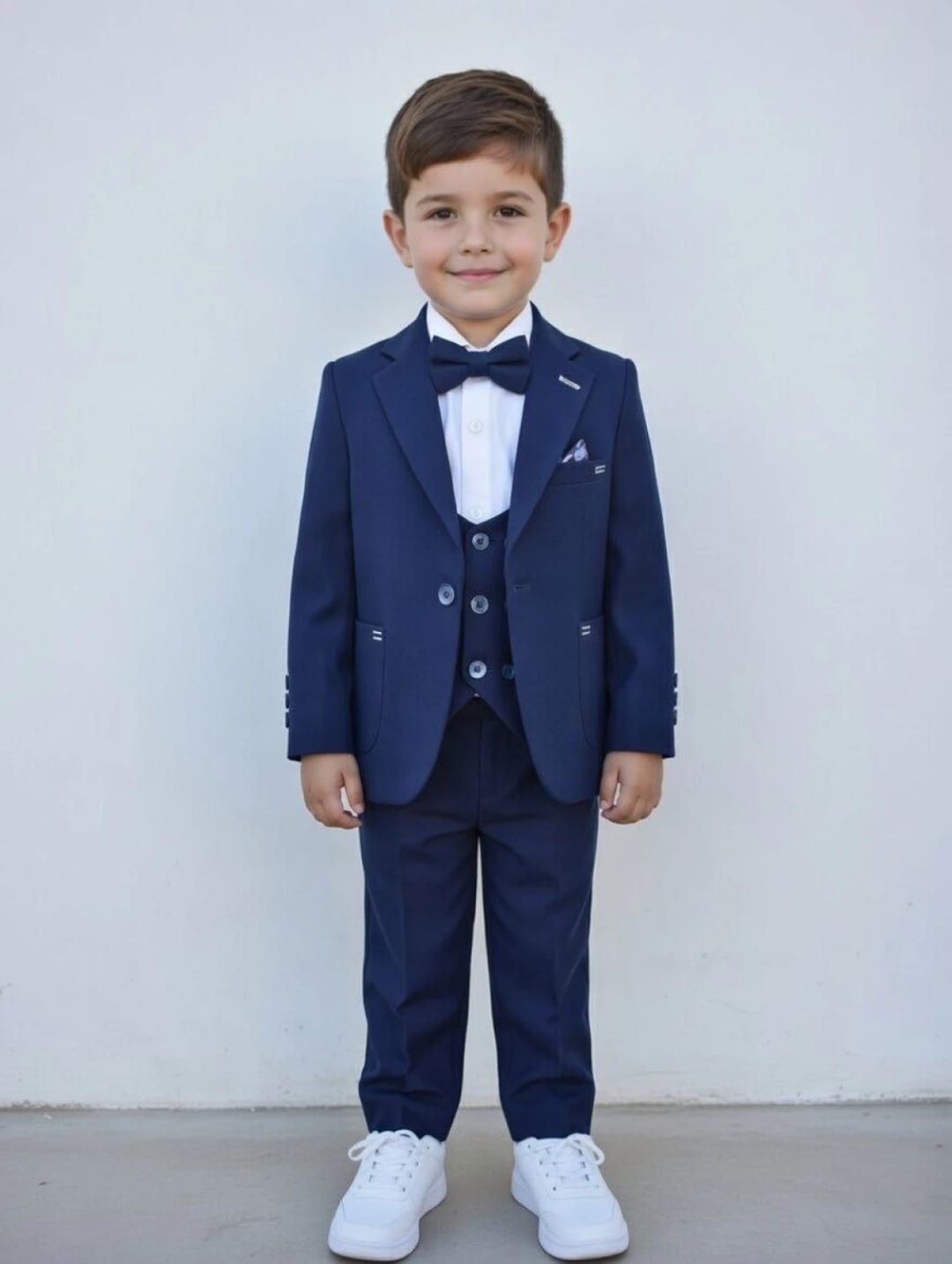 Boys' Navy Blue 4-Piece Suit Set with Jacket, Vest, and Bow Tie (1-4 Years) - Terry - by Peralane
