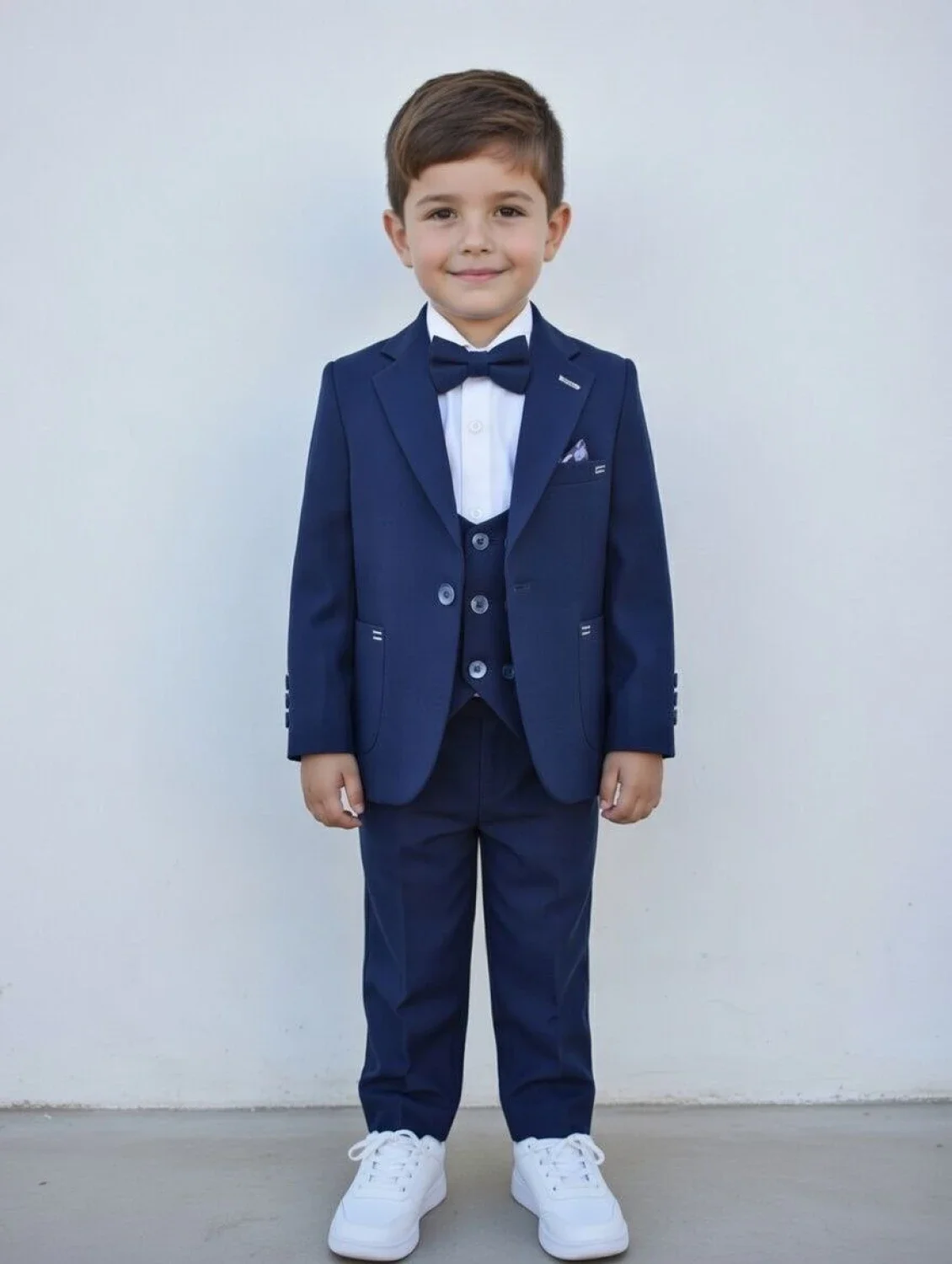 Boys' Navy Blue 4-Piece Suit Set with Jacket, Vest, and Bow Tie (1-4 Years) - Terry - by Peralane