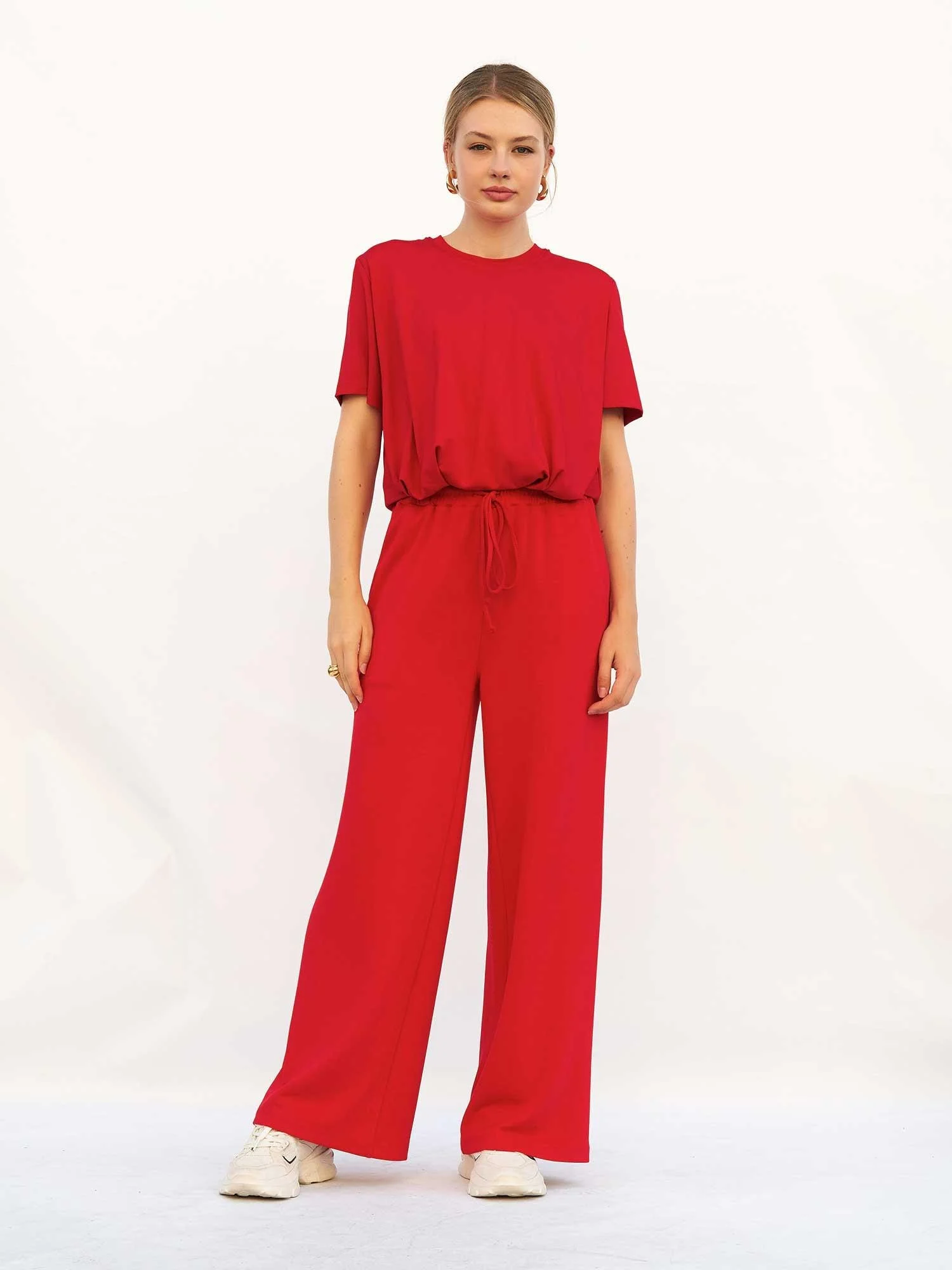 Women's Wide-Leg Trousers with Elastic Waist in Bright Red - Lefon - by Peralane