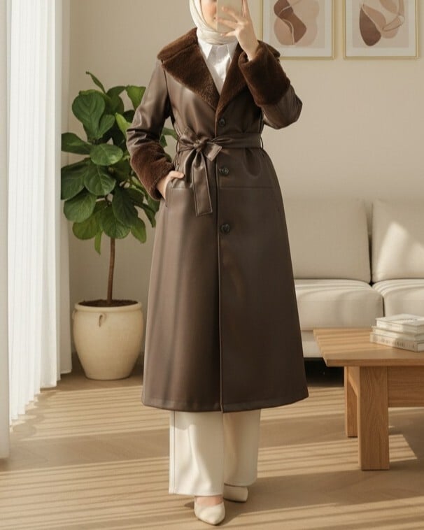 Faux Leather Trench Coat with Faux Fur Collar and Tie Belt - Dark Brown - Podyumplus - by Peralane - photo 3
