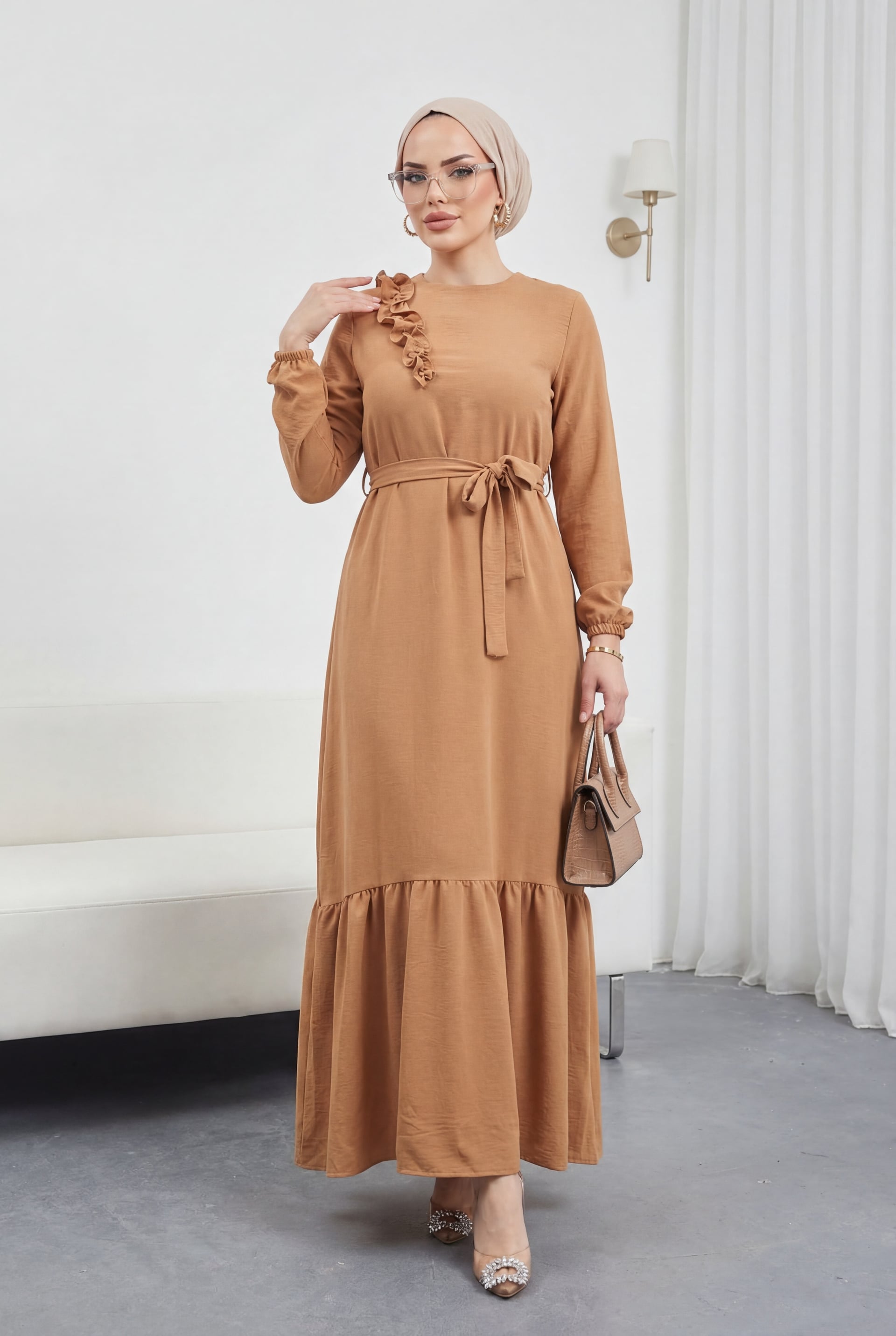 Ruffled Stone-Detailed Tiered Skirt Belted Ayrobin Dress - Camel - Podyumplus - by Peralane