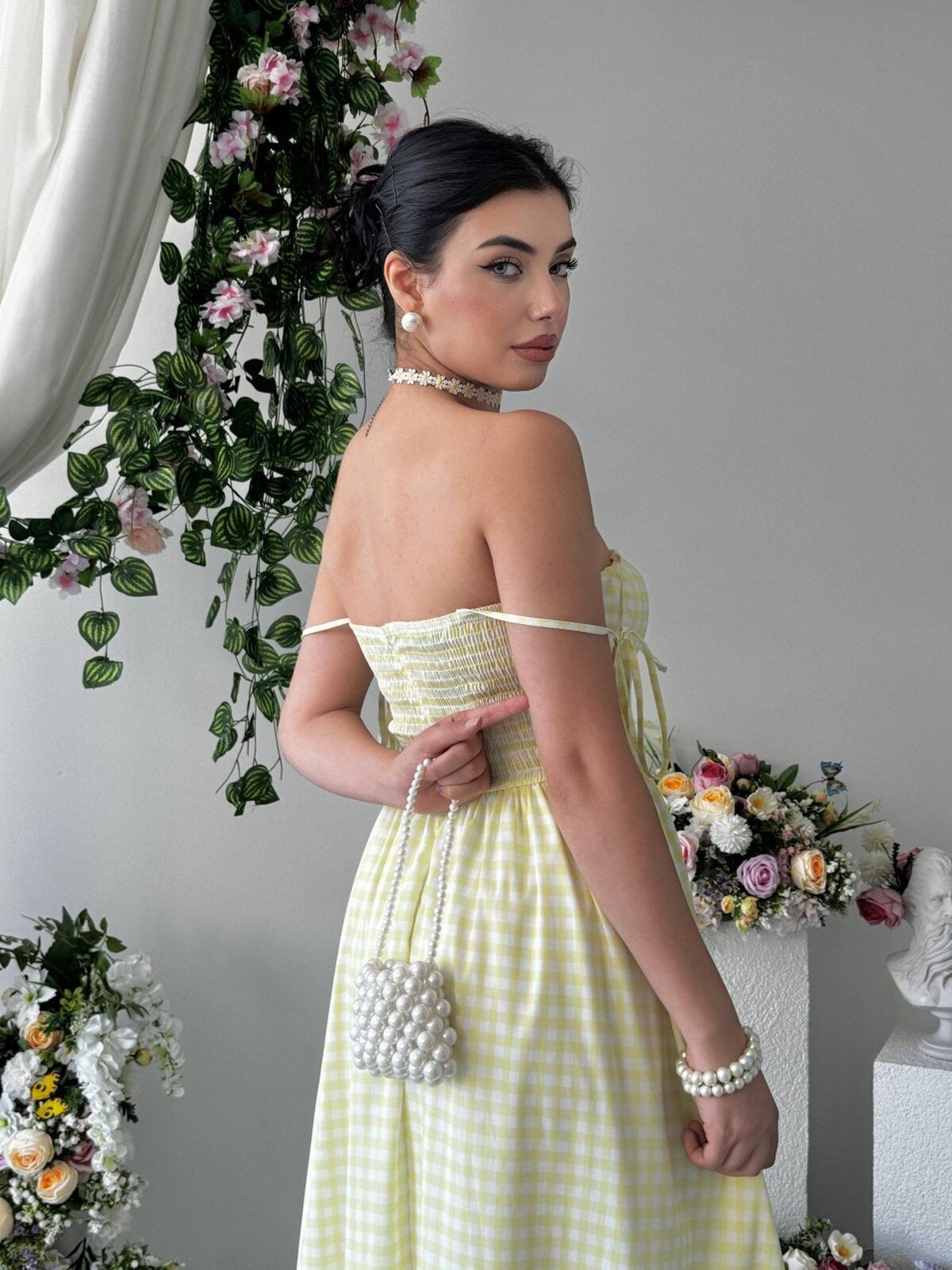 Yellow Gingham Strapless Dress with Detachable Ribbon Ties - Etika - by Peralane - photo 5