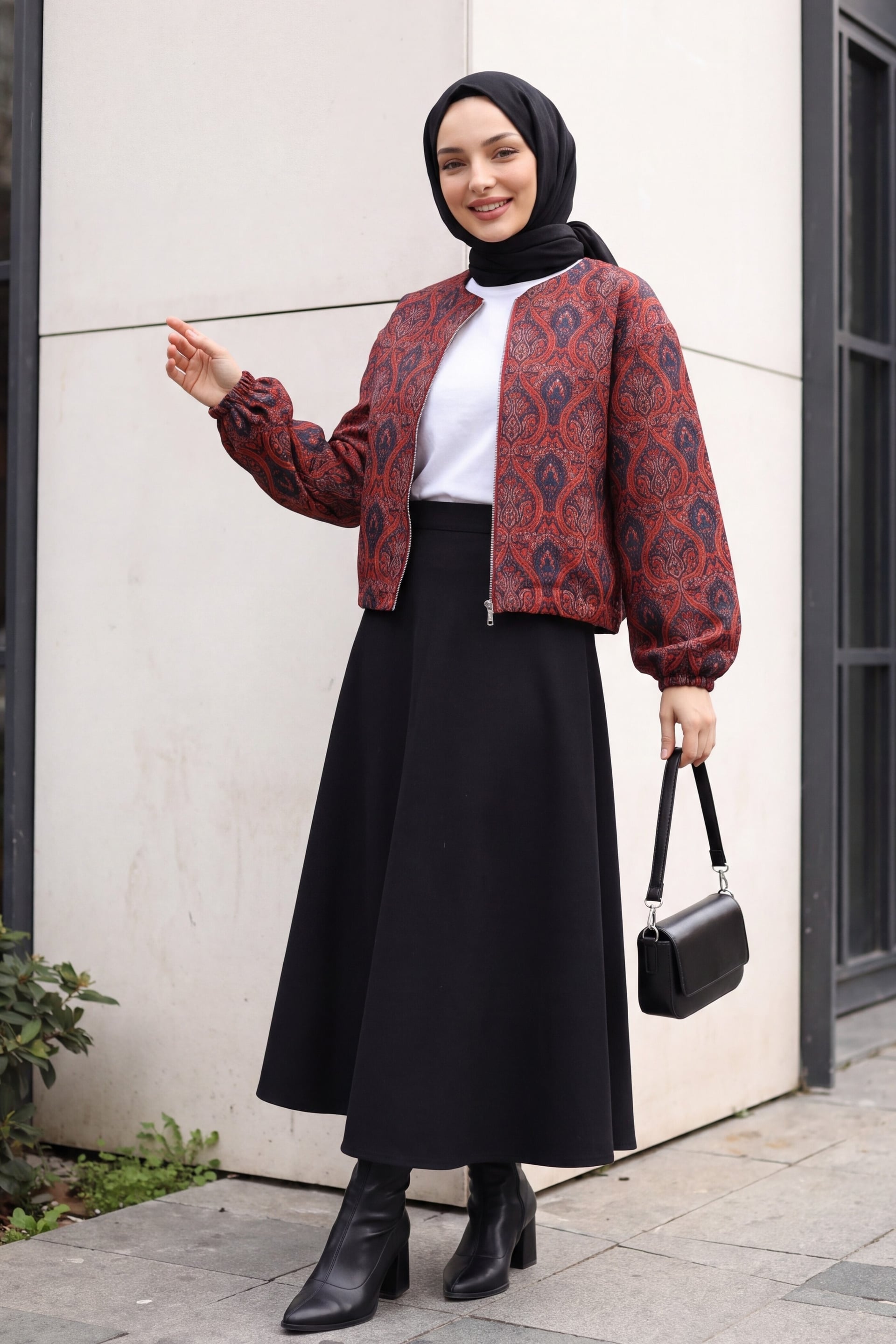 Paisley Print Bomber Jacket with Balloon Sleeves – Coral Red - Podyumplus - by Peralane - photo 4