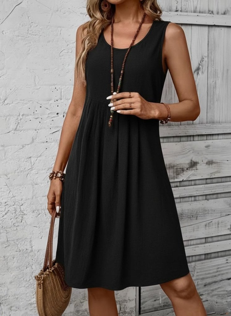 Women's Sleeveless Round Neck Pleated A-Line Dress - Black - Janes - by Peralane