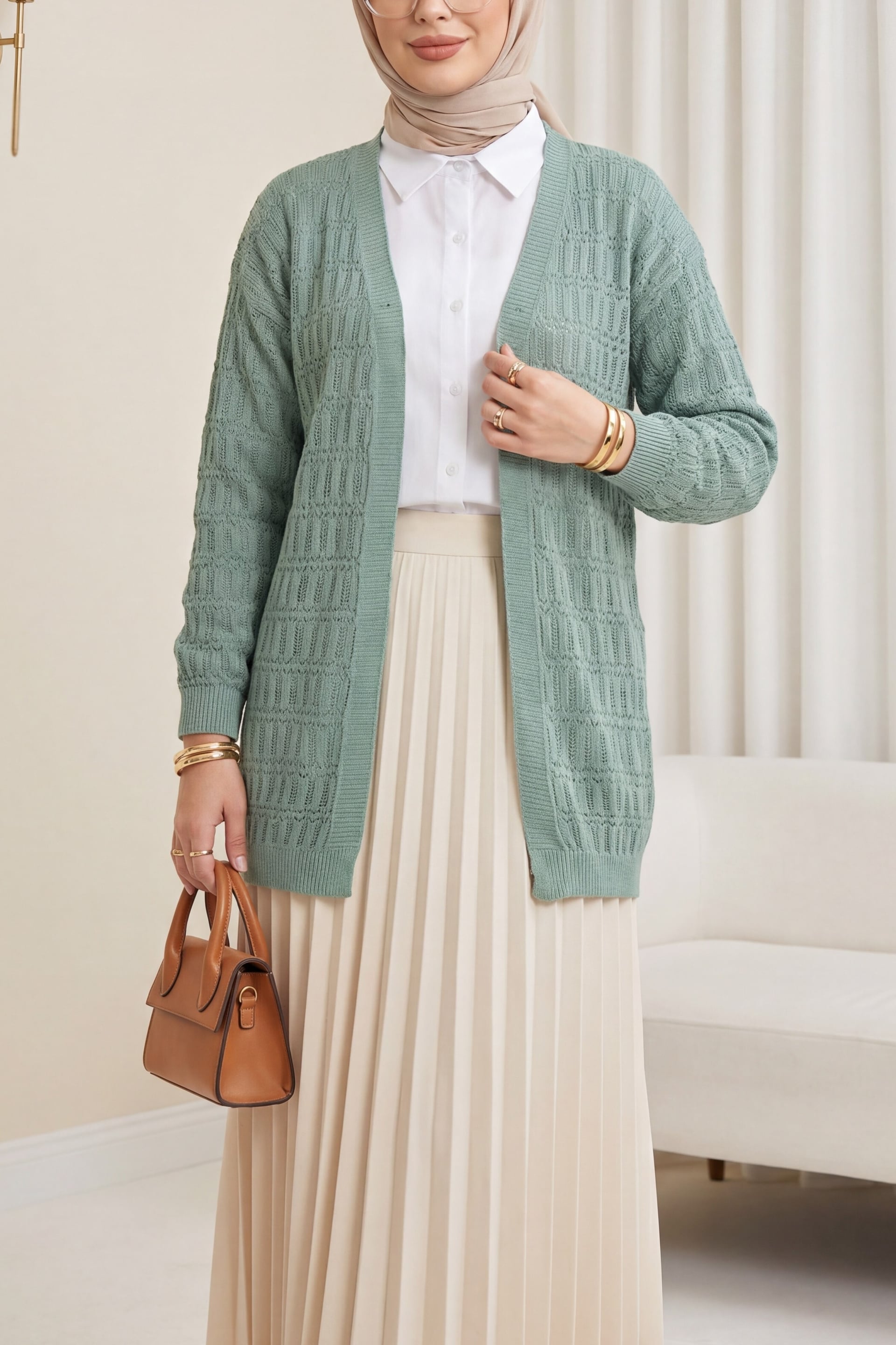 Open Front Knit Cardigan with Geometric Pattern - Mint - Podyumplus - by Peralane