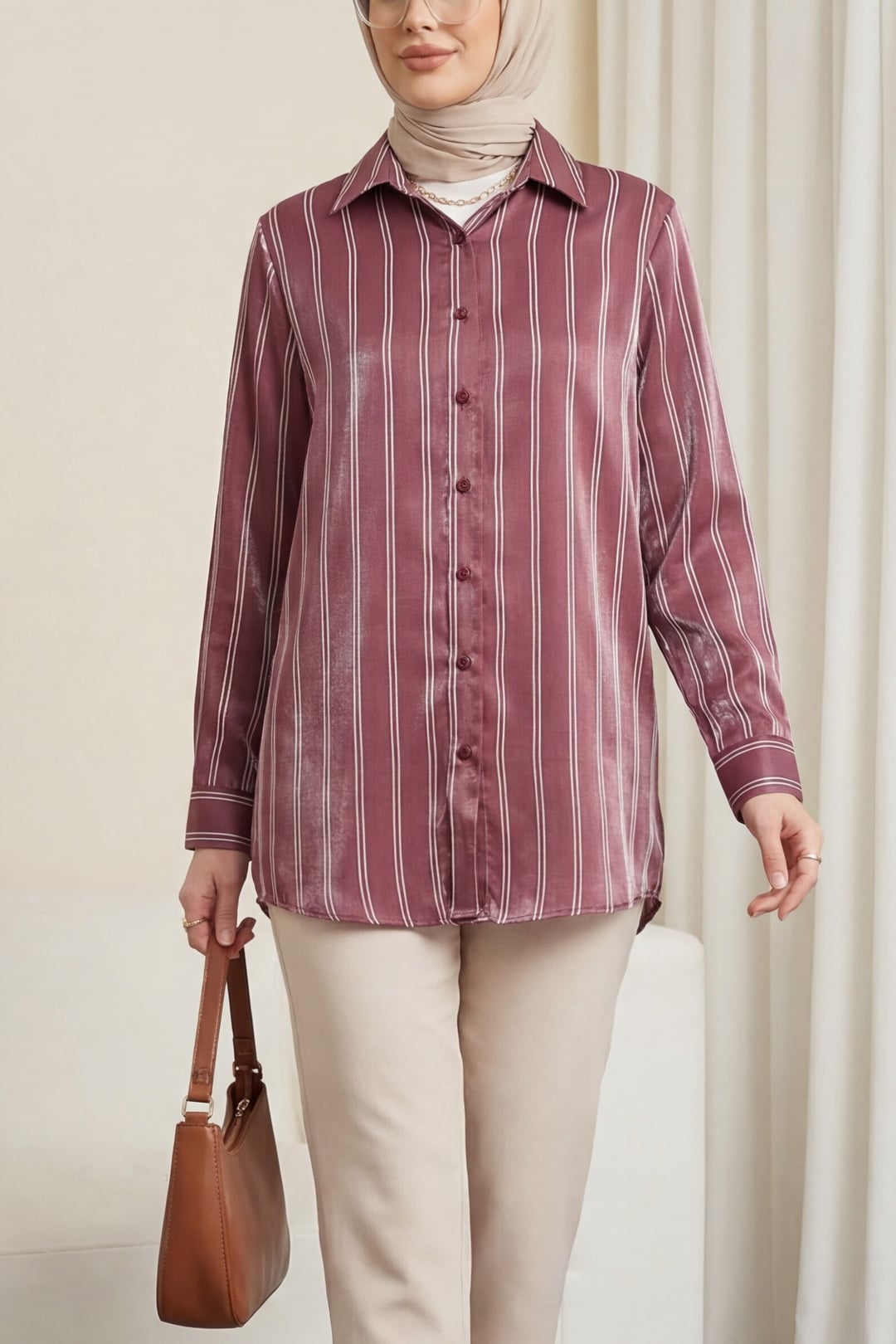 Striped Shimmer Blouse - Bordeaux - Podyumplus - by Peralane