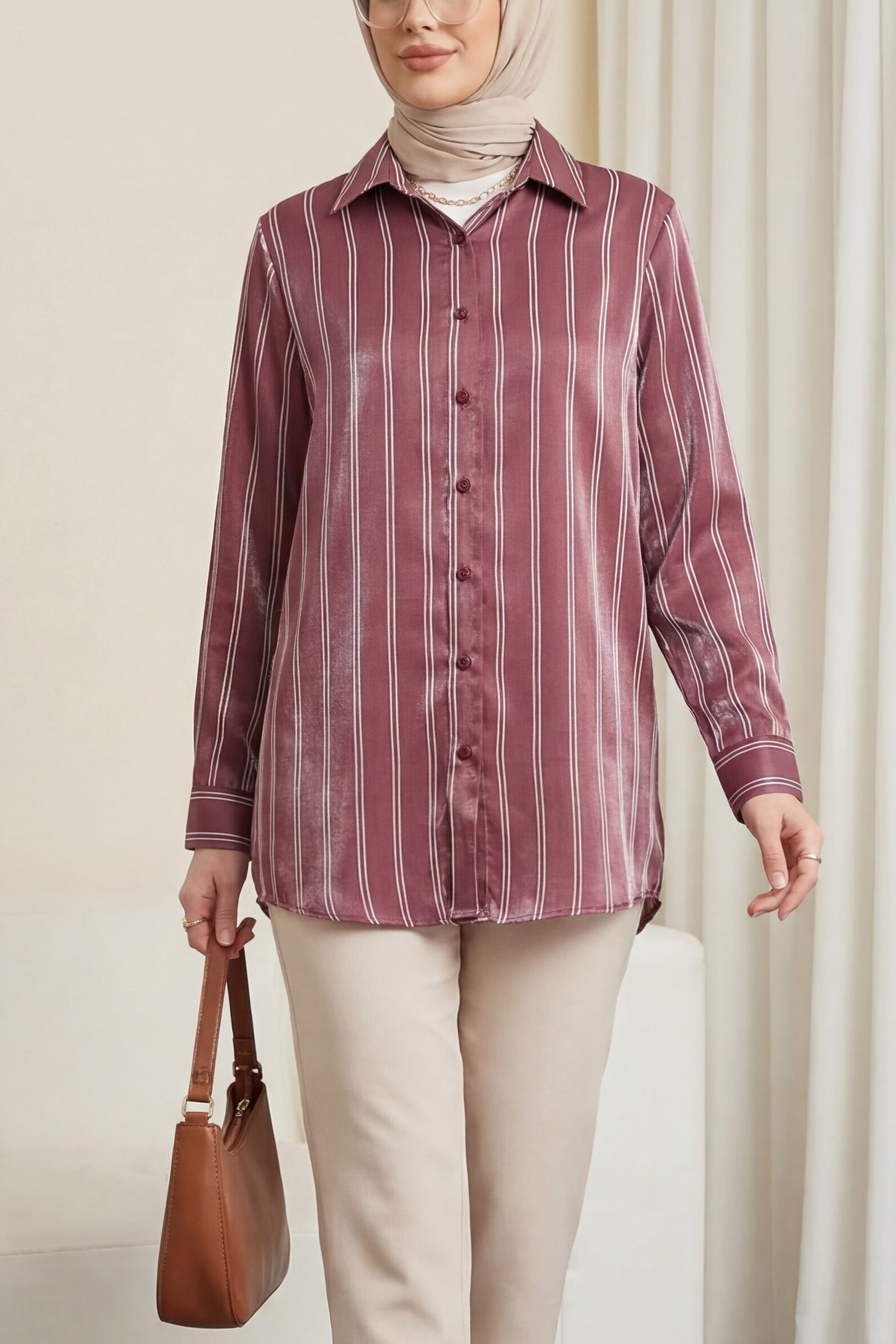 Striped Shimmer Blouse - Bordeaux - Podyumplus - by Peralane