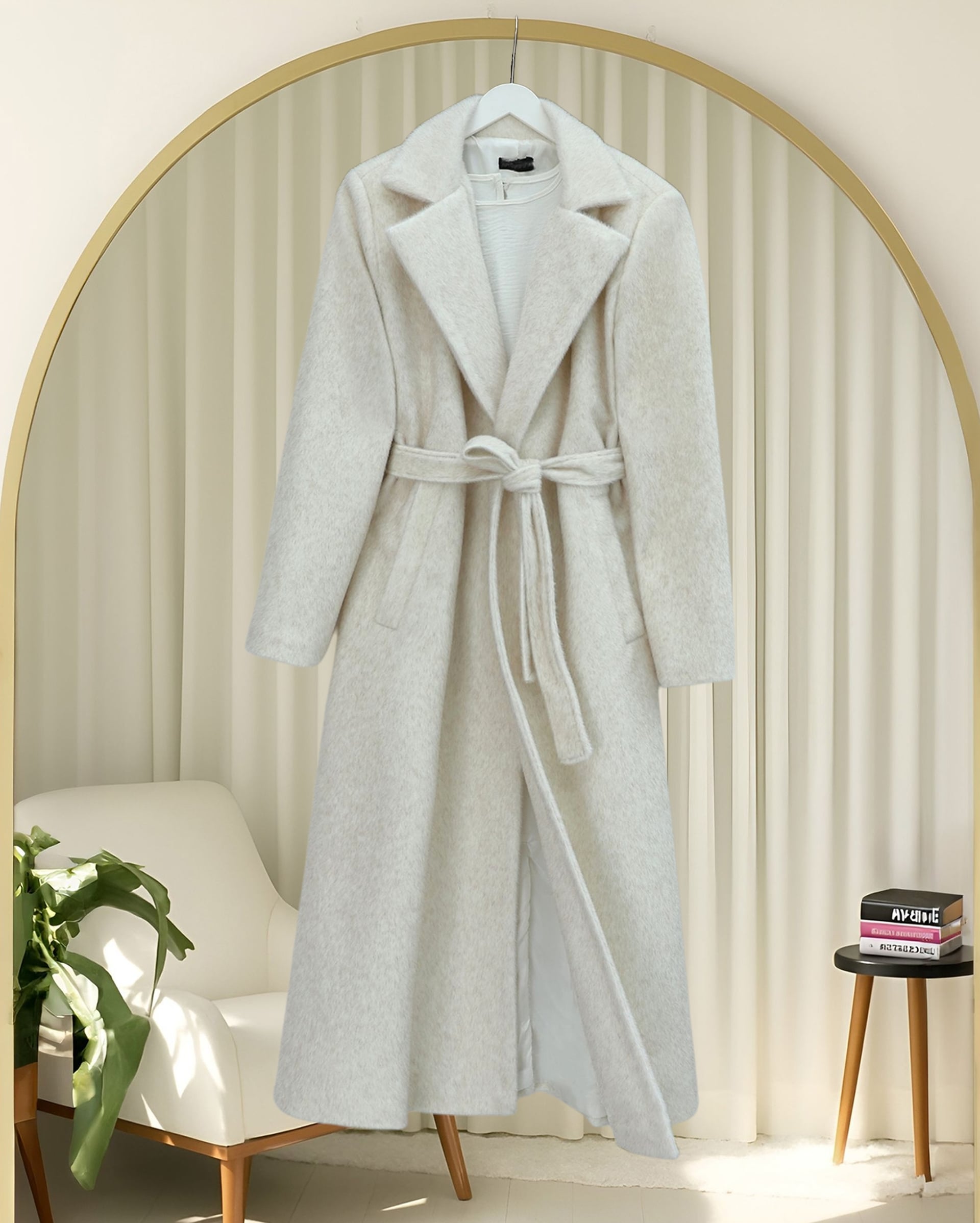 Cream Belted Lined Pocket Wool-Blend Coat - Podyumplus - by Peralane - photo 3