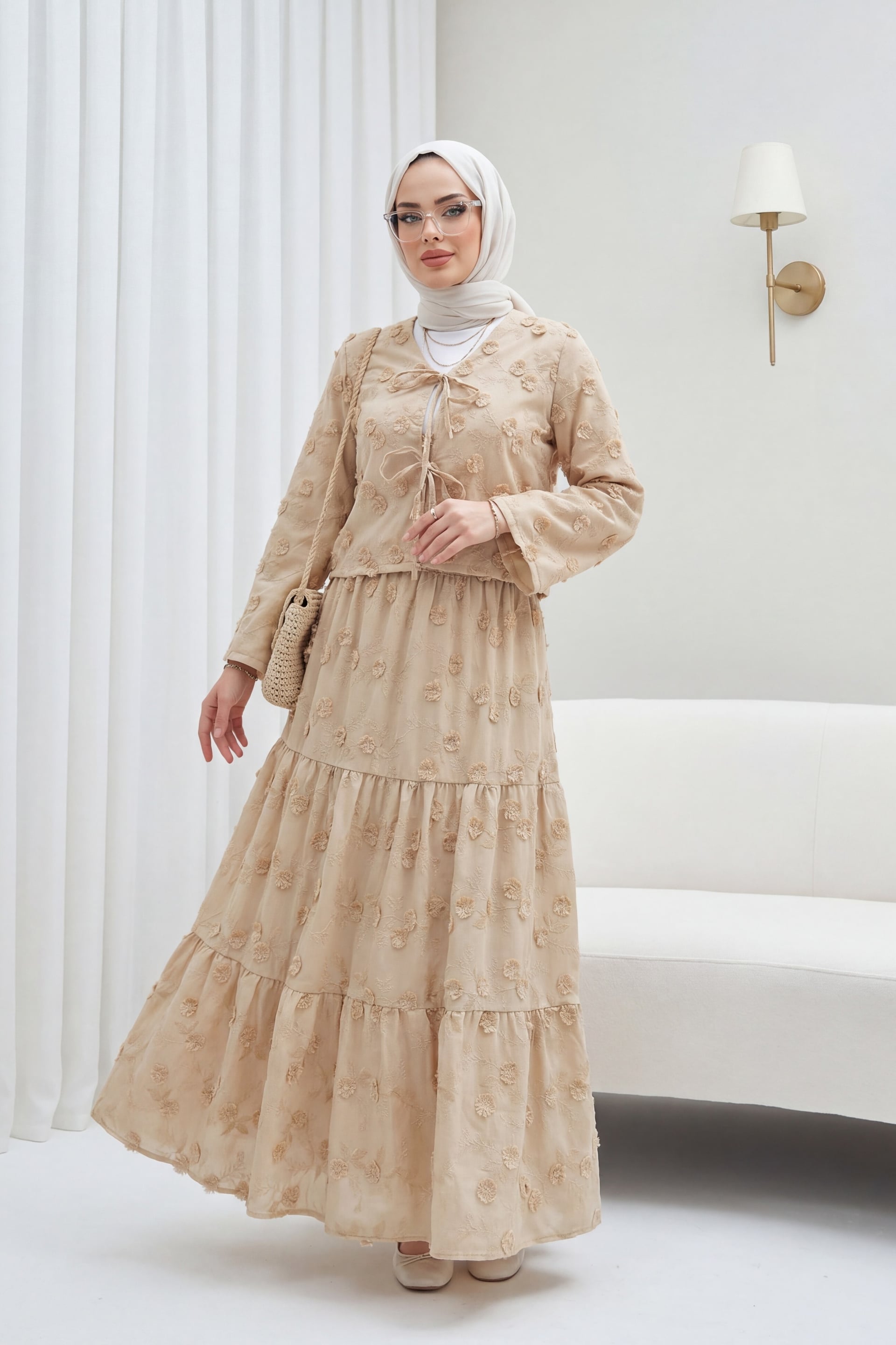 Tie-Front Embroidered Floral Kimono Set with Lined Skirt - Beige - Podyumplus - by Peralane