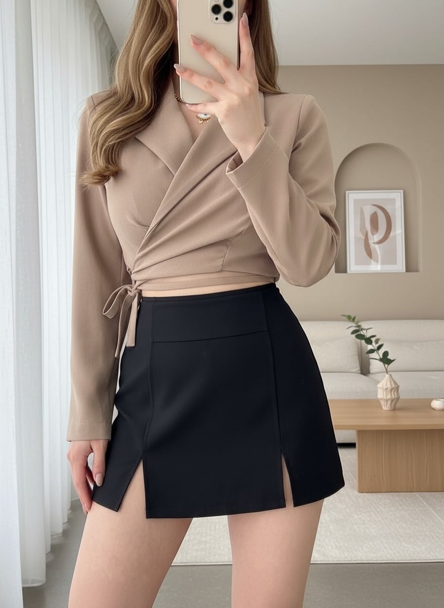 Women's Tie-Front Crop Jacket with Back Detail - Taupe - Podyumplus - by Peralane
