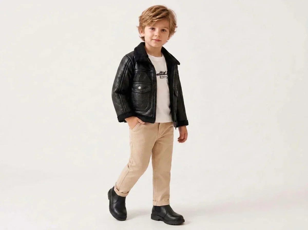 Boys' 3-Piece Set with Faux Leather Jacket - Beige - Canoz - by Peralane