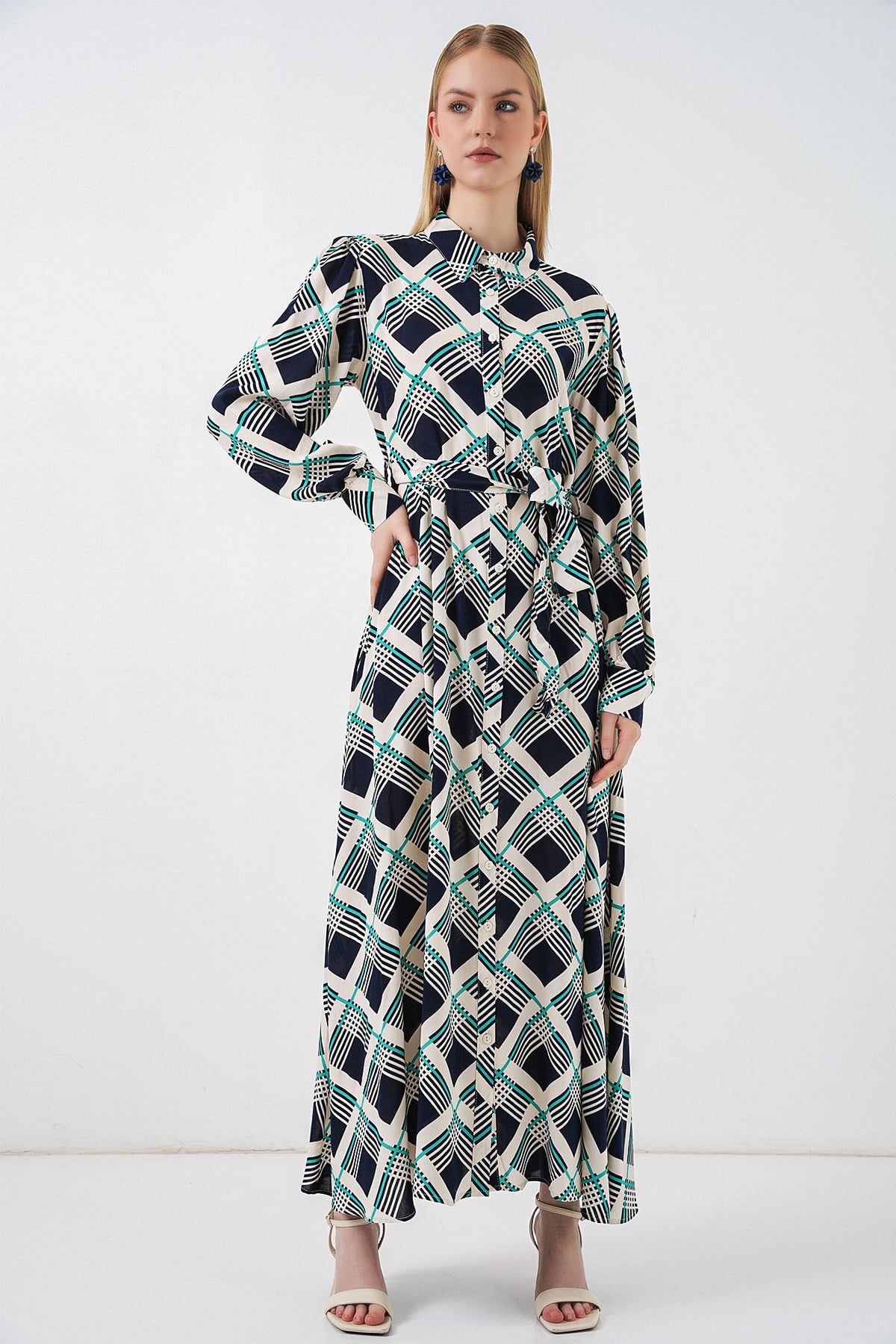 Women's Long Modest Button-Front Dress with Geometric Print - Dark Navy - Bigdart - by Peralane - photo 5
