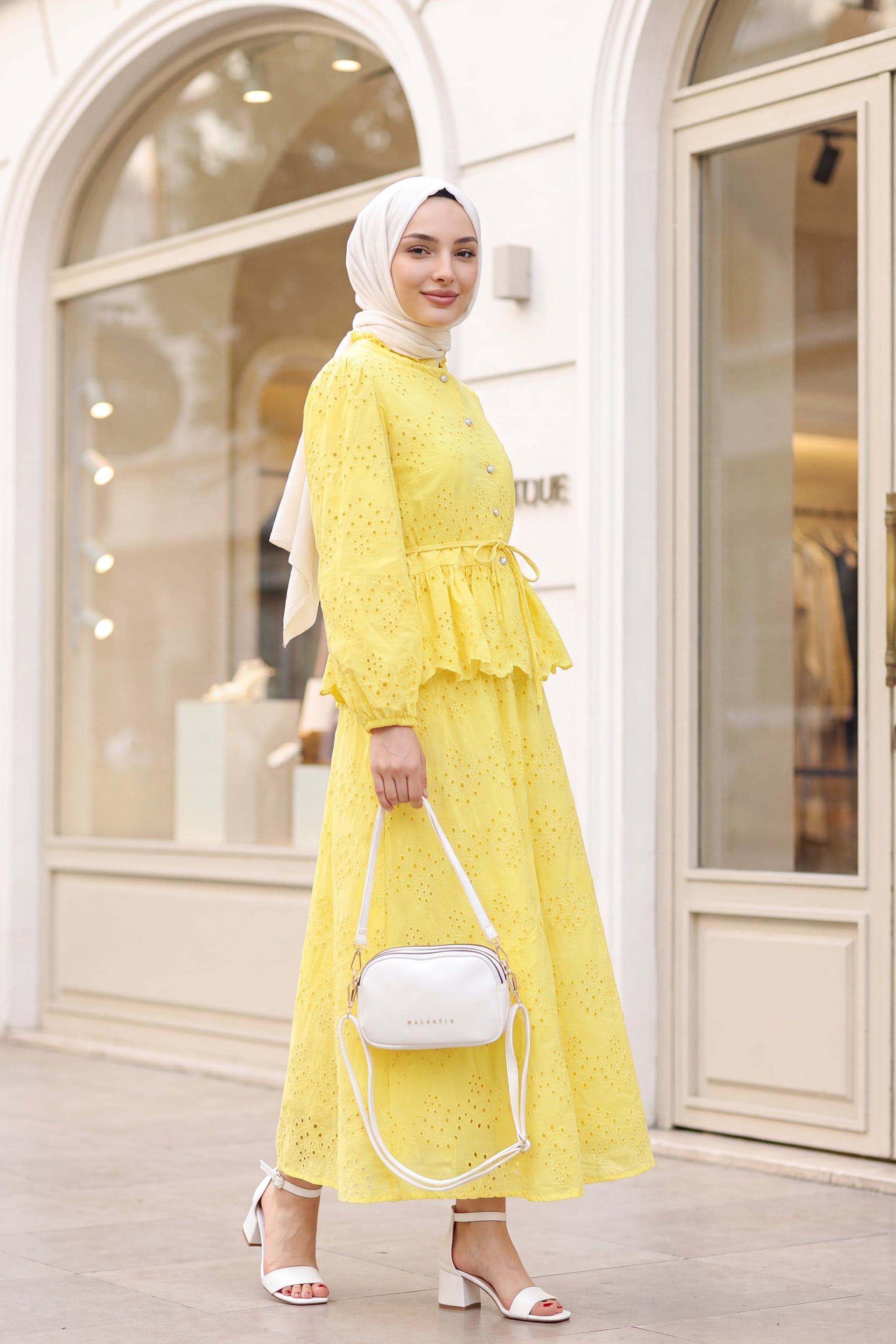 Yellow Eyelet Cotton Blend Two-Piece Set with Puff Sleeves and Belt - Podyumplus - by Peralane - photo 4