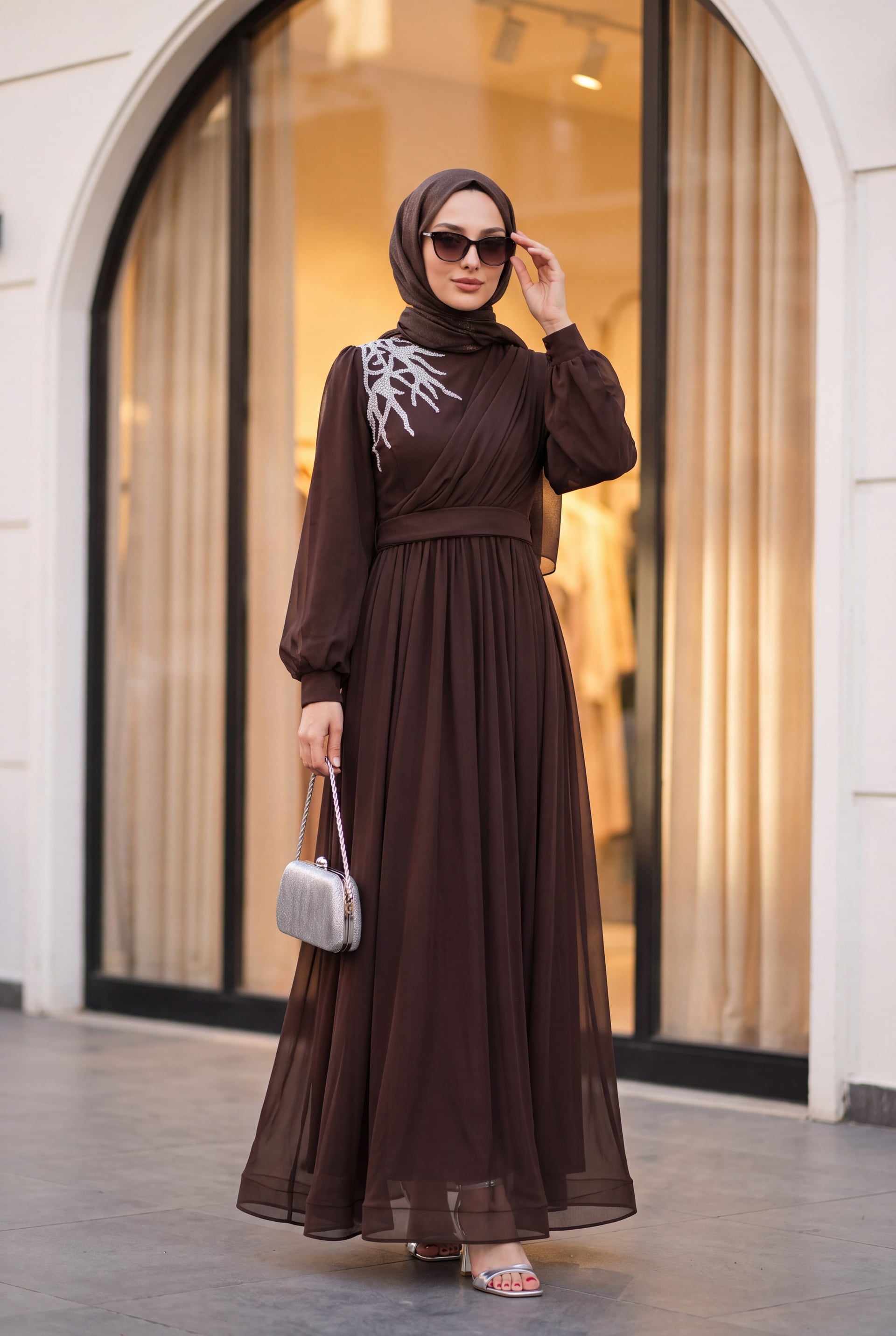 Stone Detailed Draped Belted Tulle Evening Dress - Brown - Podyumplus - by Peralane - photo 5