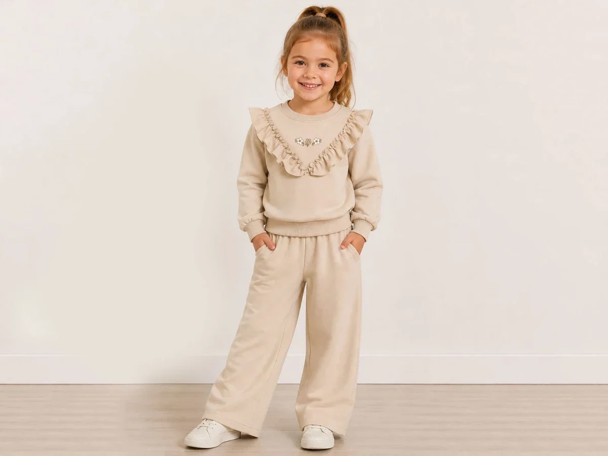 Girls' Floral Embroidered Ruffle Trim Sweatshirt and Wide-Leg Trousers Set - Ecolkiz - by Peralane